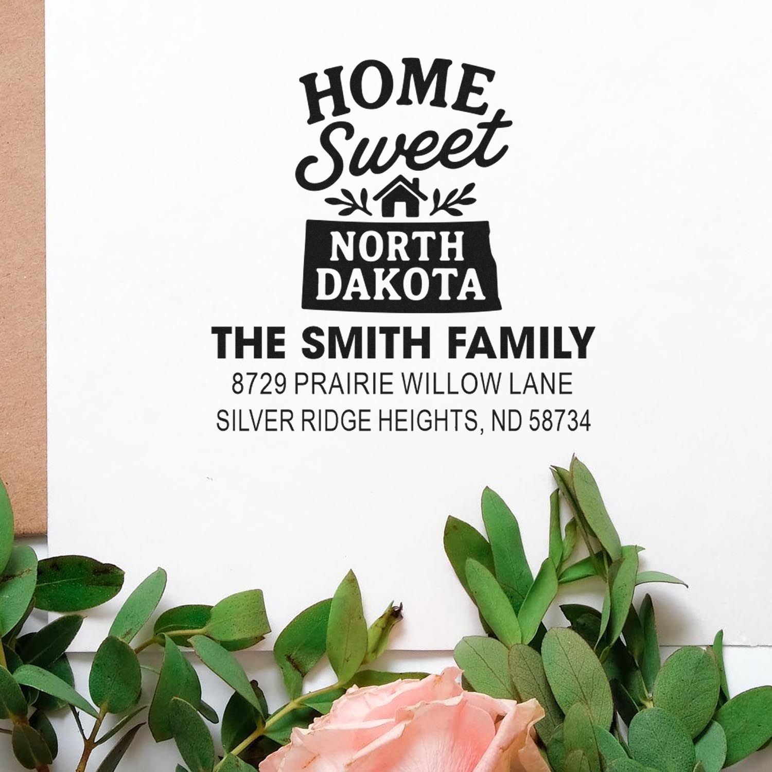 Custom North Dakota address rubber stamp with Home Sweet design, Smith family name, and mailing address