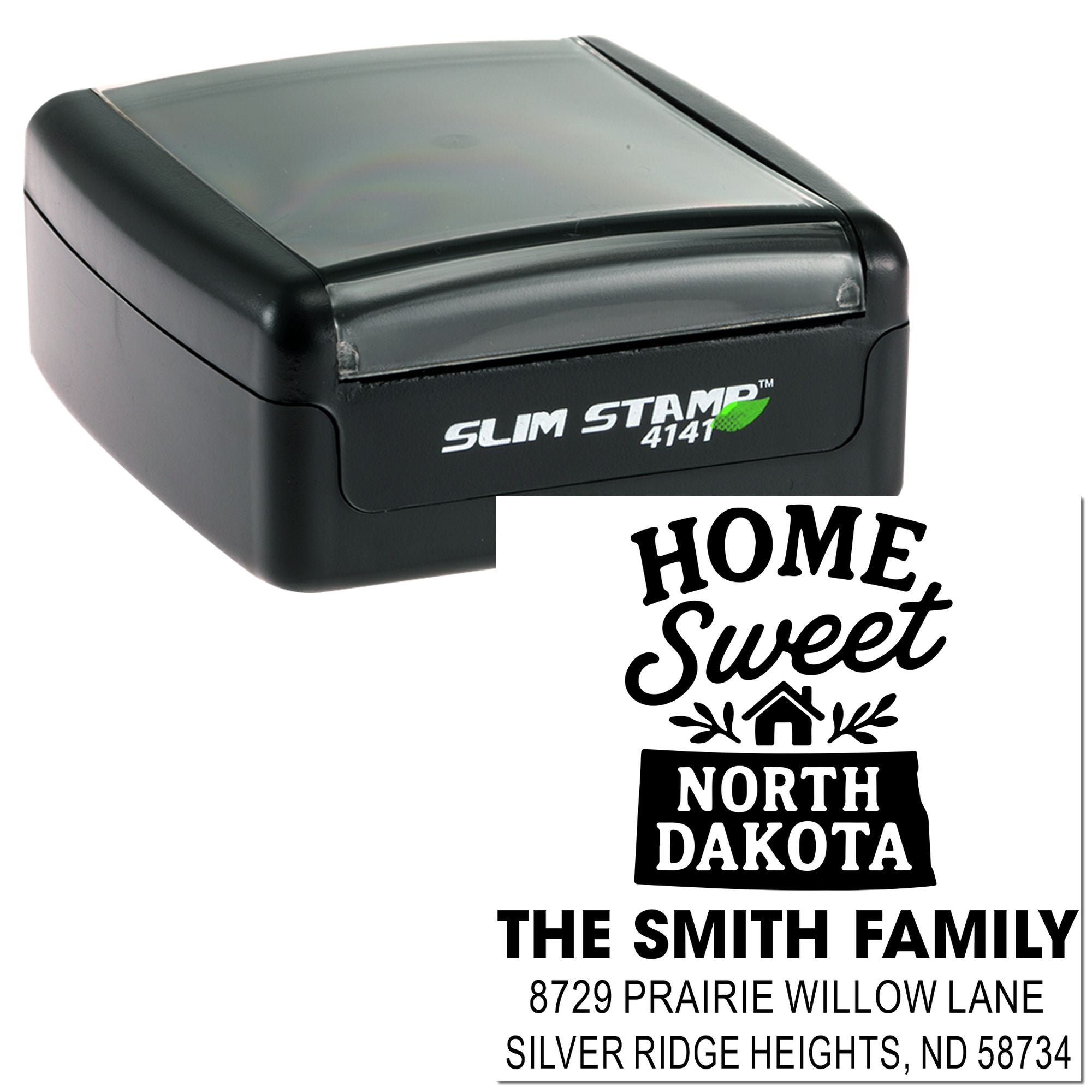 Slim self-inking rubber stamp with custom Home Sweet North Dakota return address design for personalized mailing.