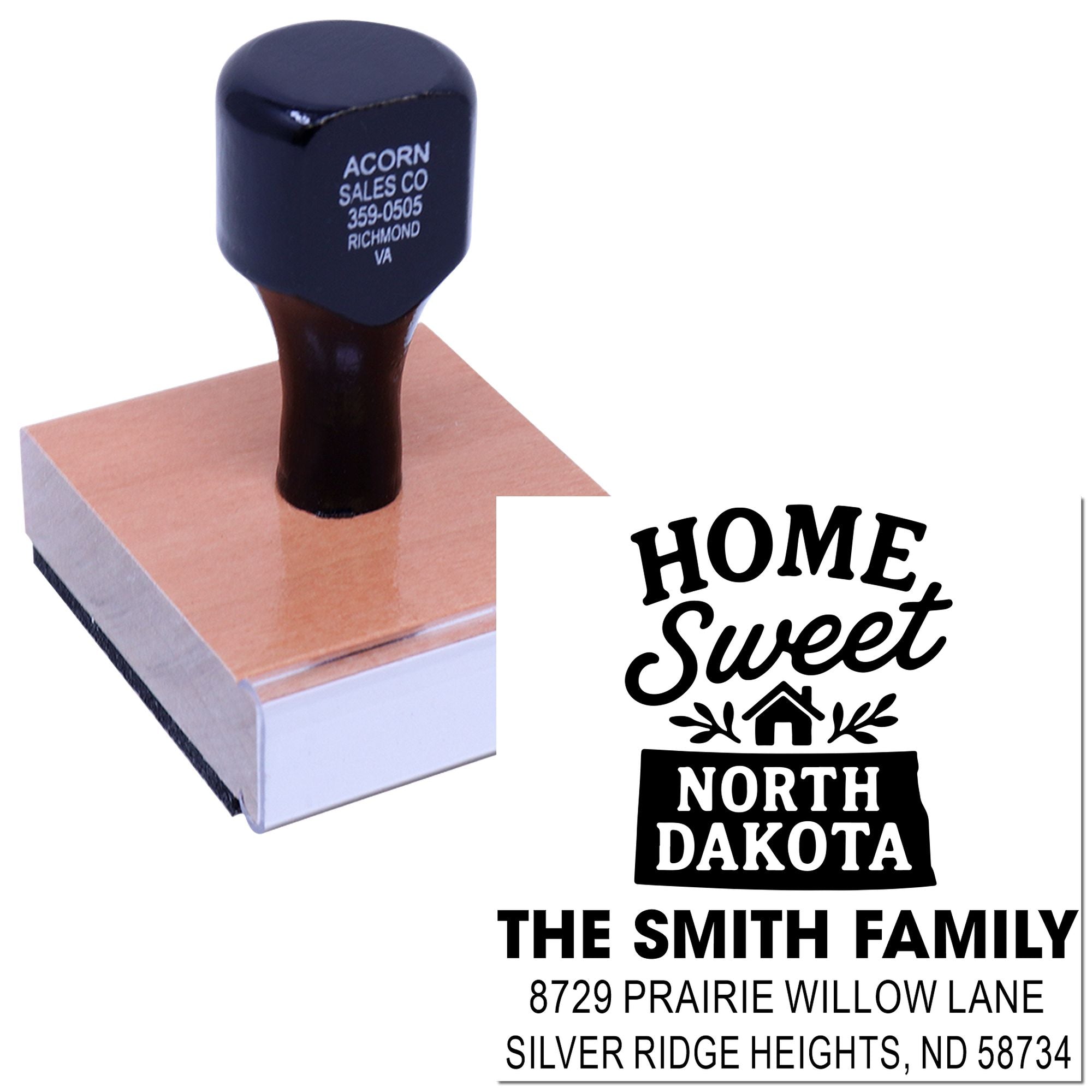 Custom Home Sweet North Dakota family address rubber stamp for personalized mail, crafts, and home decor.