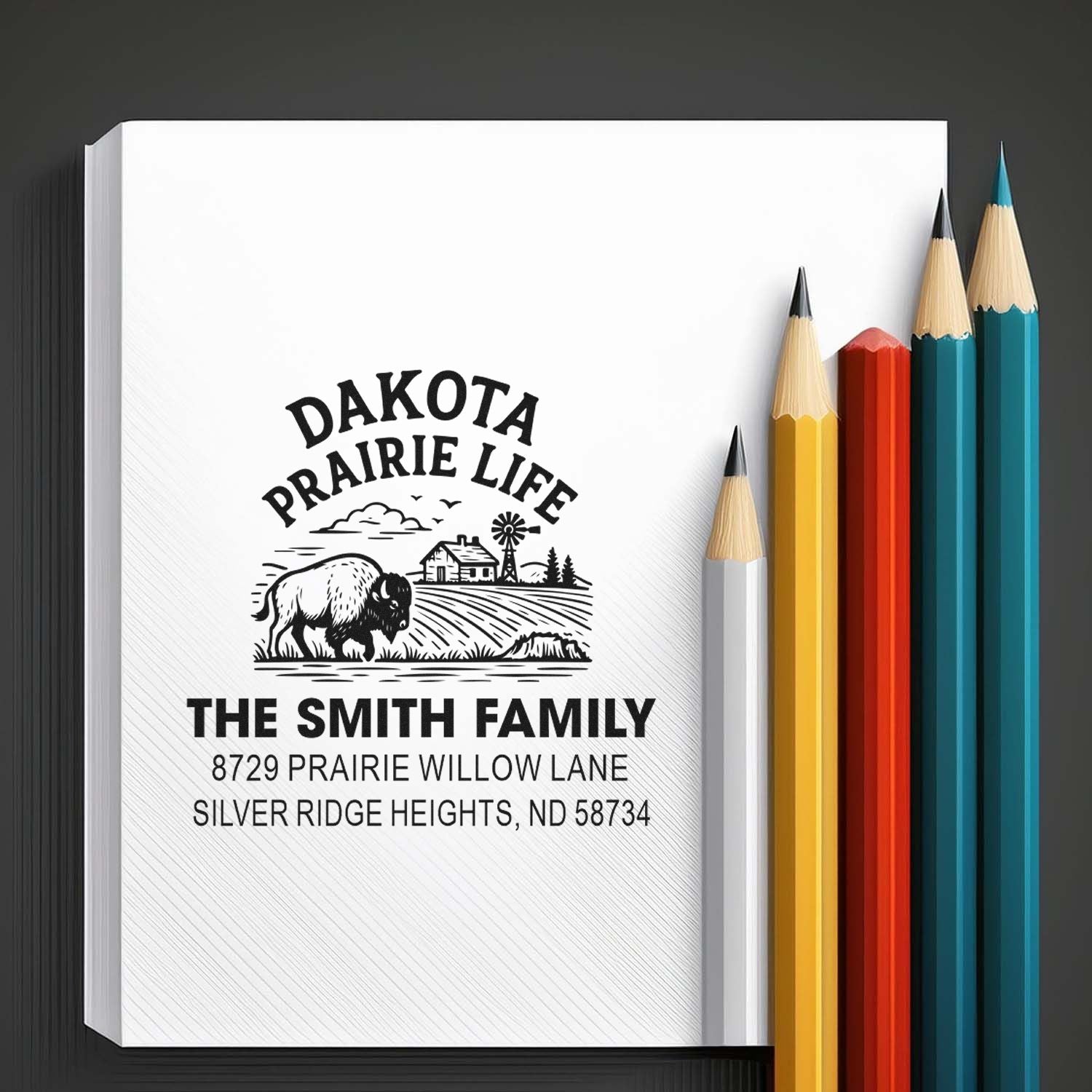 Personalized family return address rubber stamp with Dakota Prairie Life bison design and North Dakota mailing address.