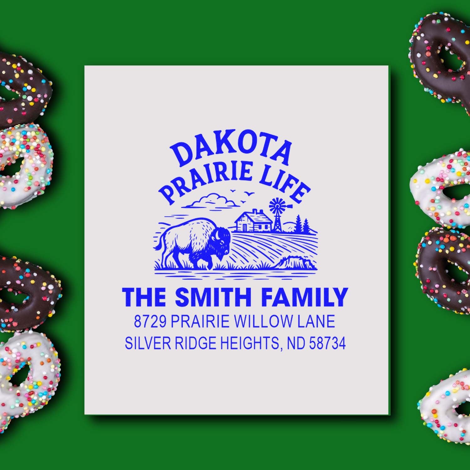 Custom rubber address stamp for The Smith Family, with Dakota Prairie Life ranch design and return address in Silver Ridge Heights, ND.