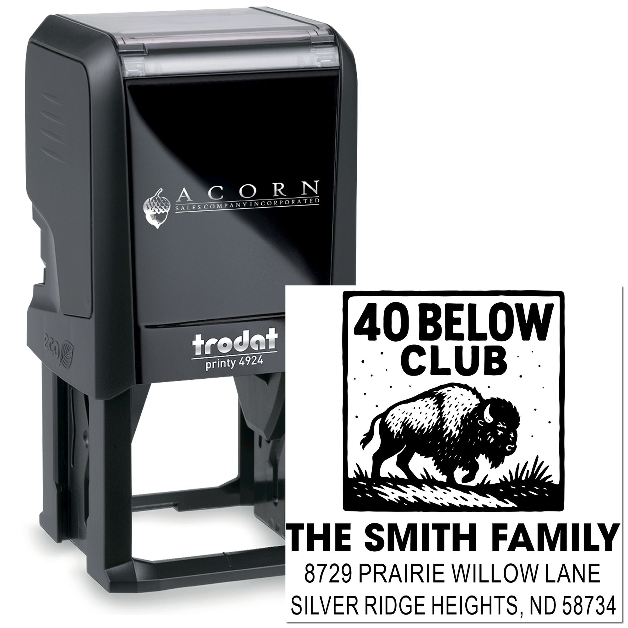 Custom self-inking address stamp with buffalo club design and return address for personalized family mailing envelopes.