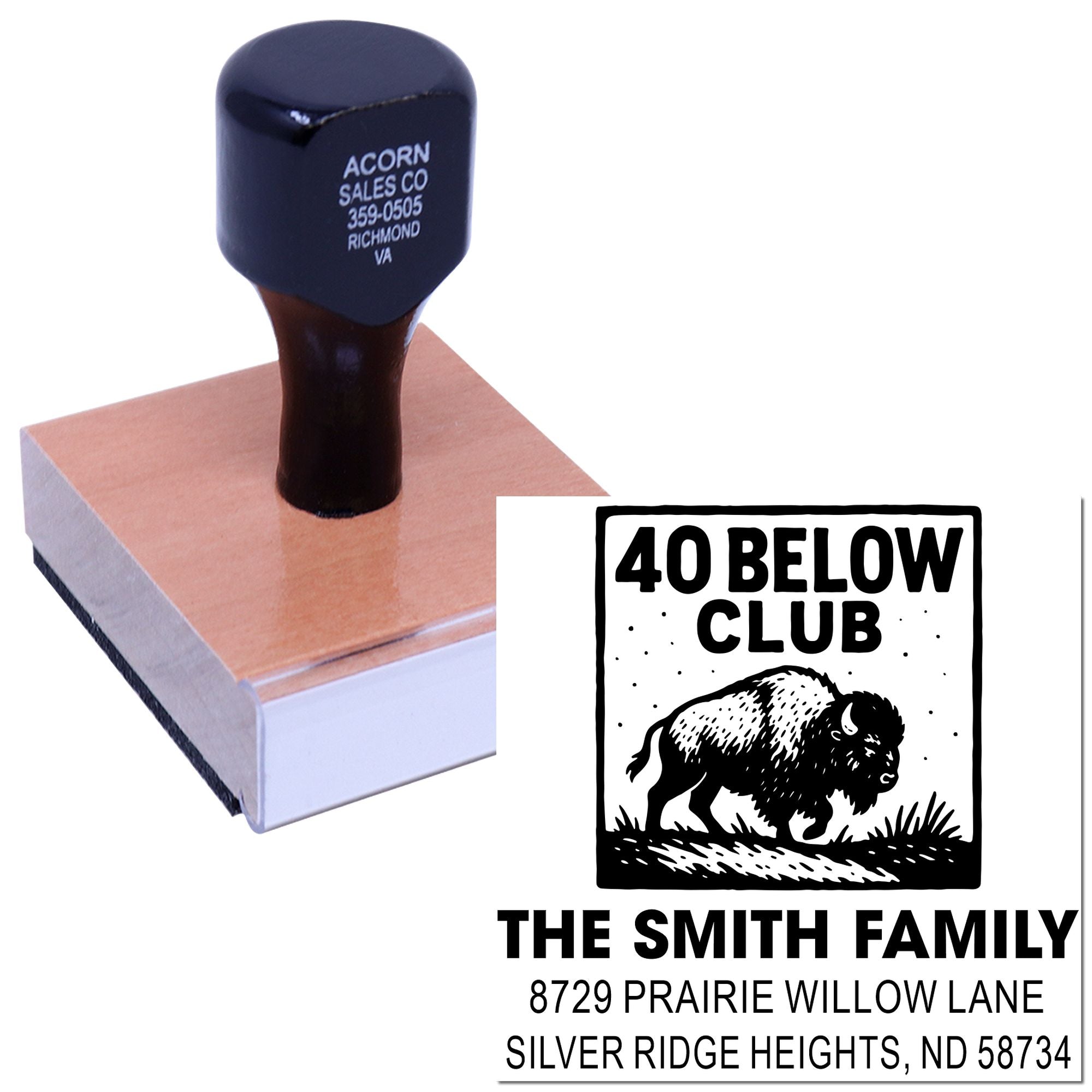Custom rubber stamp with personalized family address design and 40 Below Club buffalo graphic for mailing.