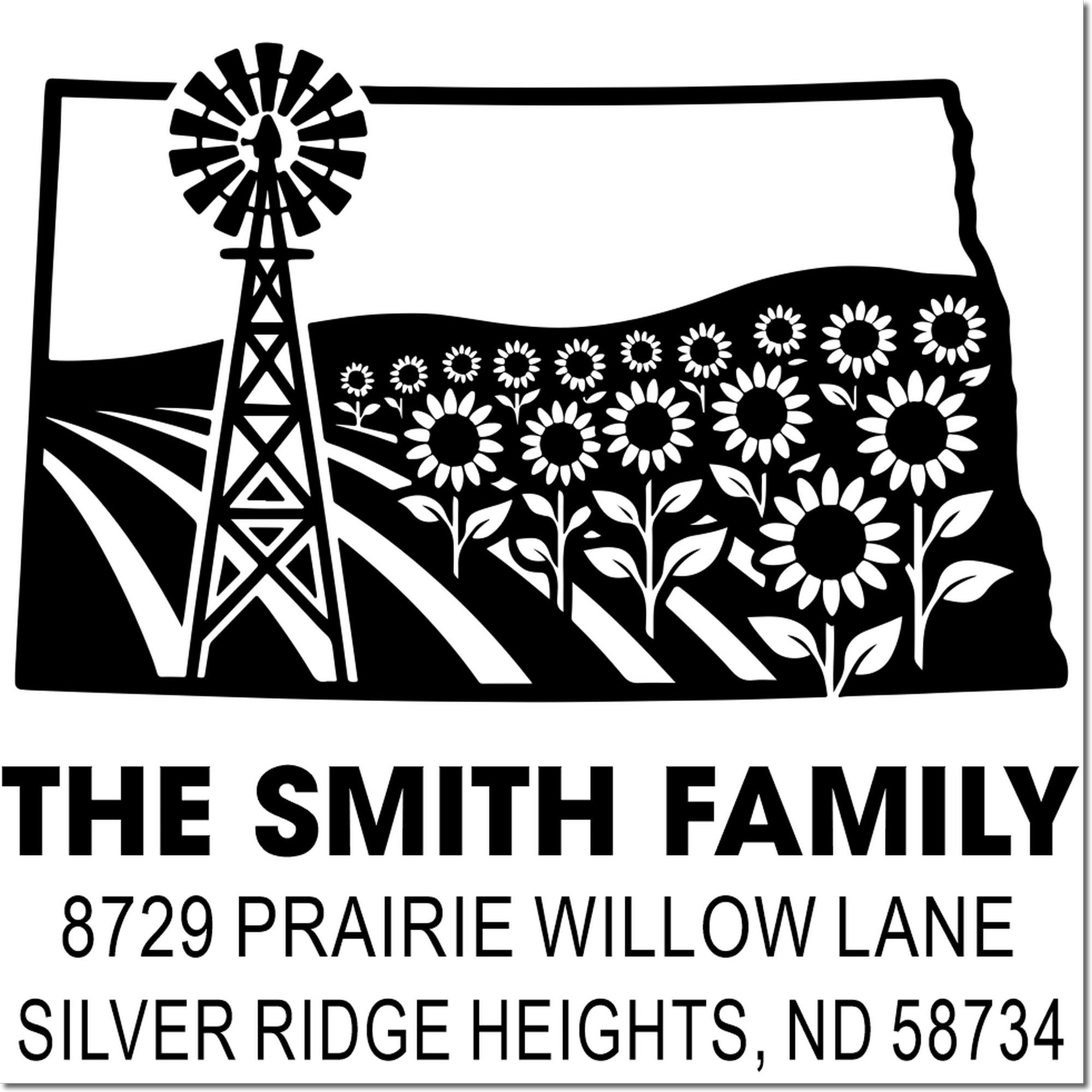 Custom return address rubber stamp for The Smith Family, with windmill, sunflowers, and Silver Ridge Heights, ND.
