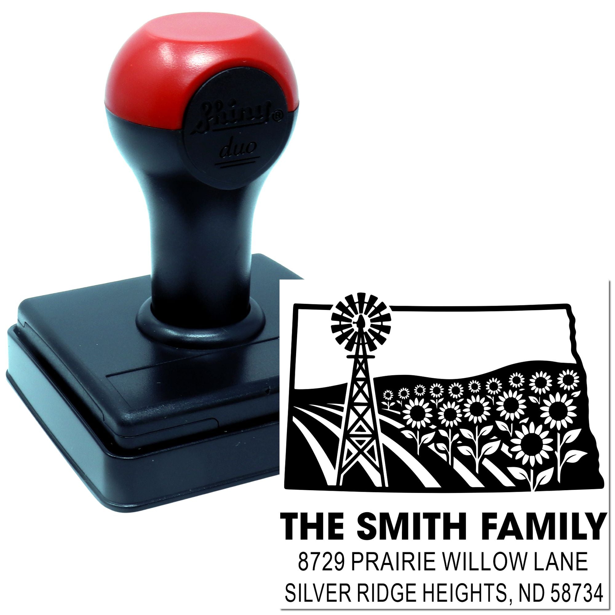 Custom self-inking rubber address stamp with farm windmill design for The Smith Family return address.