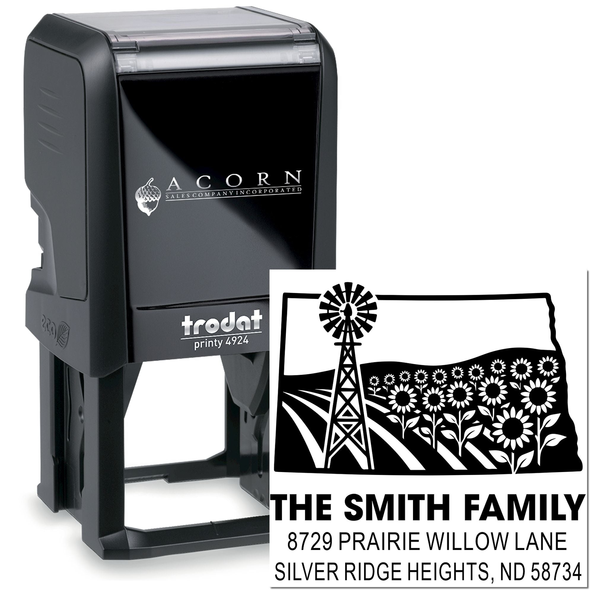 Custom self-inking rubber address stamp with family name and return address for personalized mail and packaging.