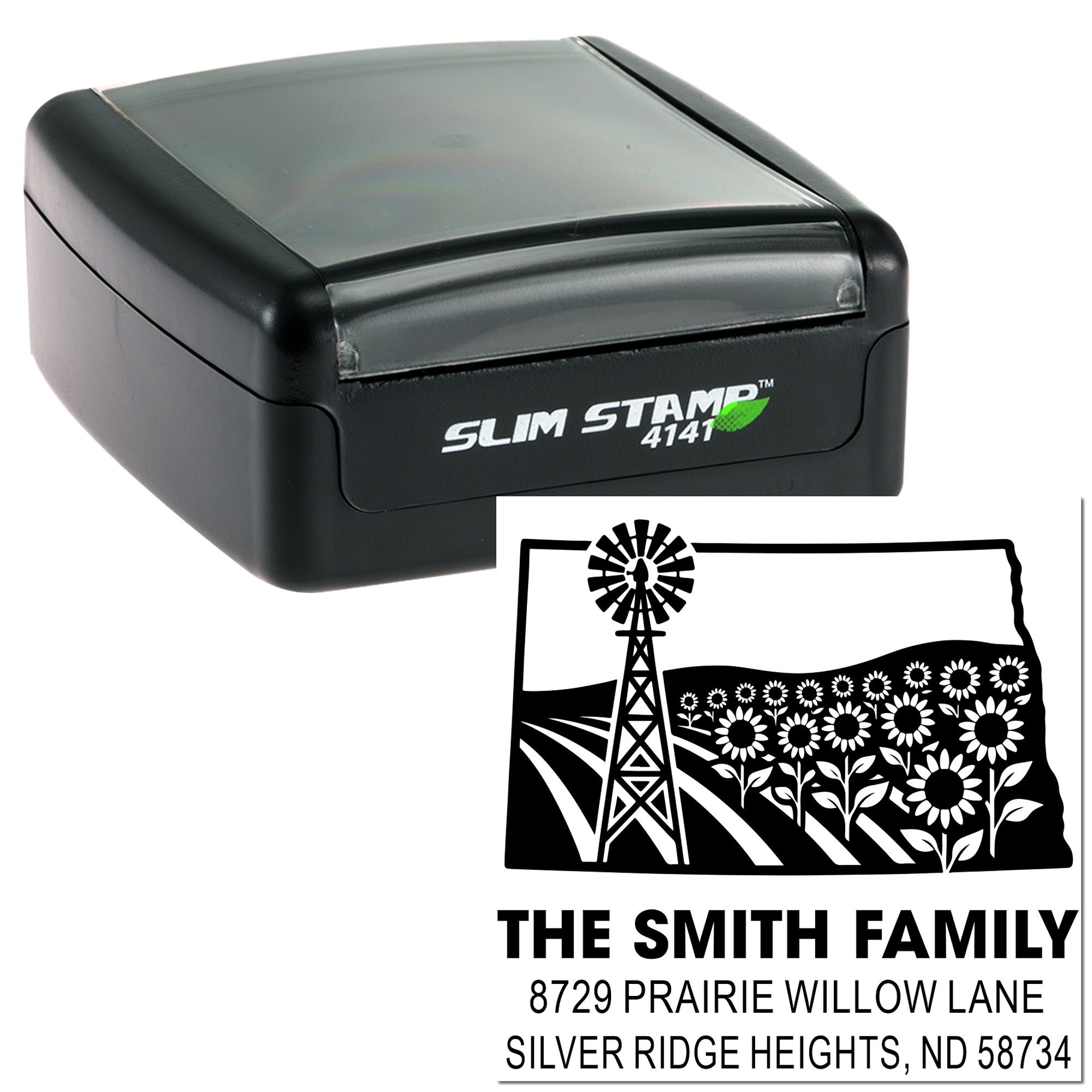 Slim Stamp self-inking rubber stamp with custom windmill prairie return address design for The Smith Family in North Dakota