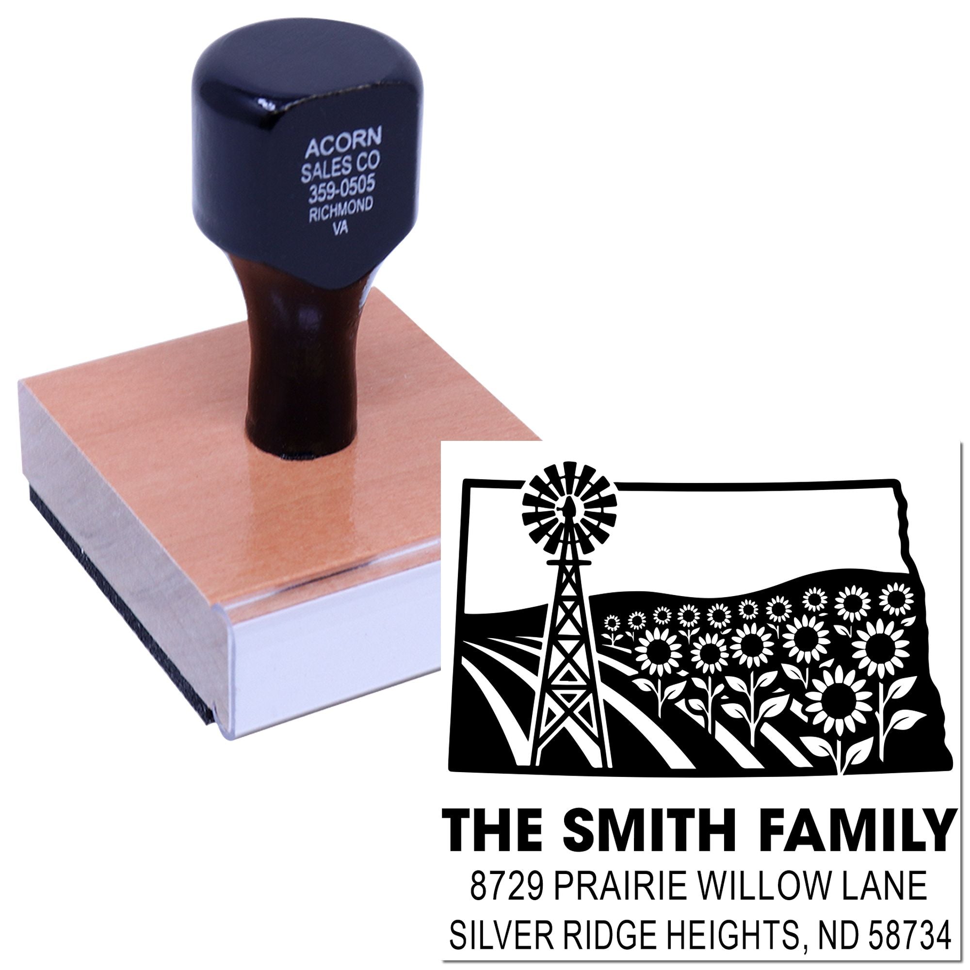 Custom farm address rubber stamp for The Smith Family, featuring windmill and sunflower return address design.