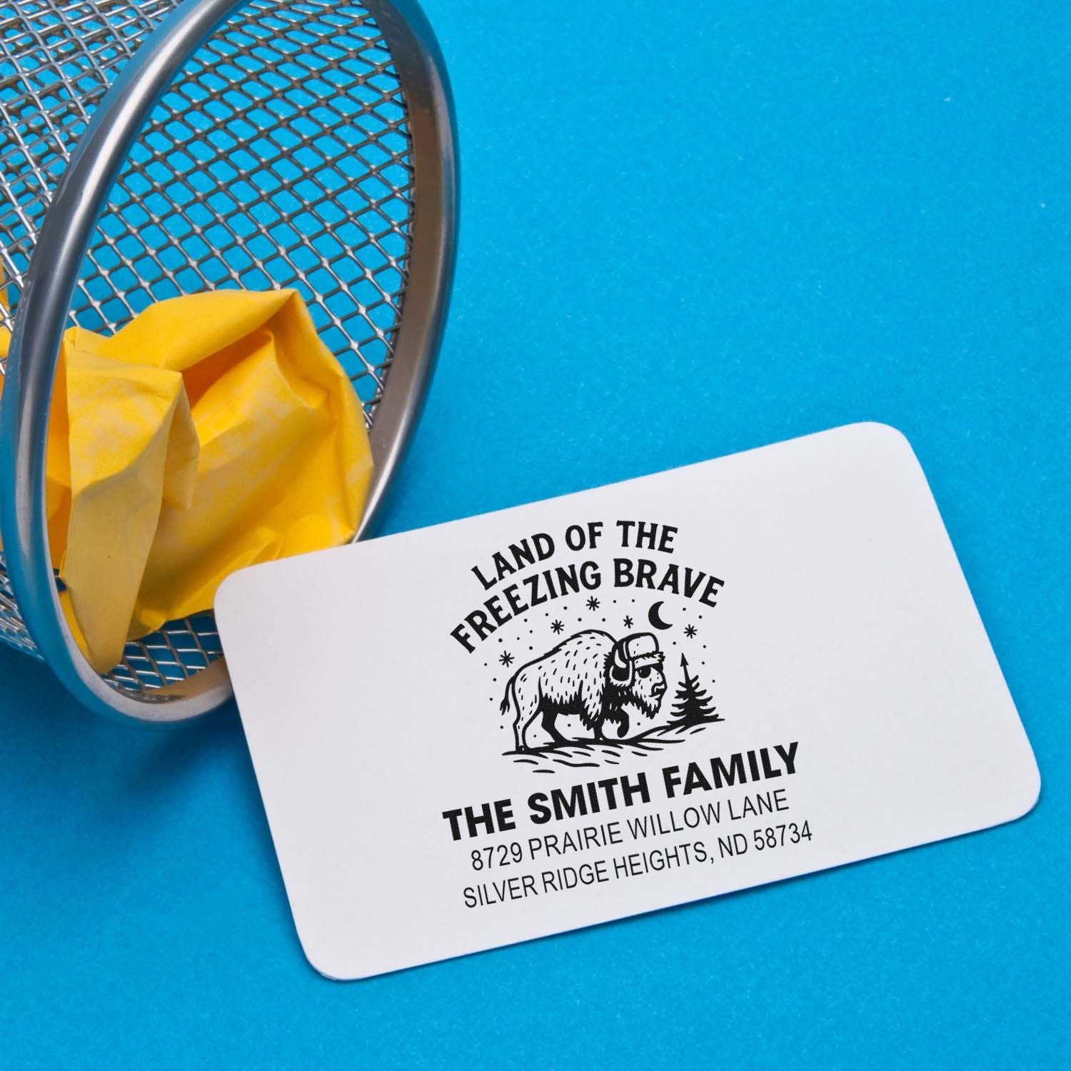 Custom western family return address rubber stamp with buffalo design for envelopes and mailings.
