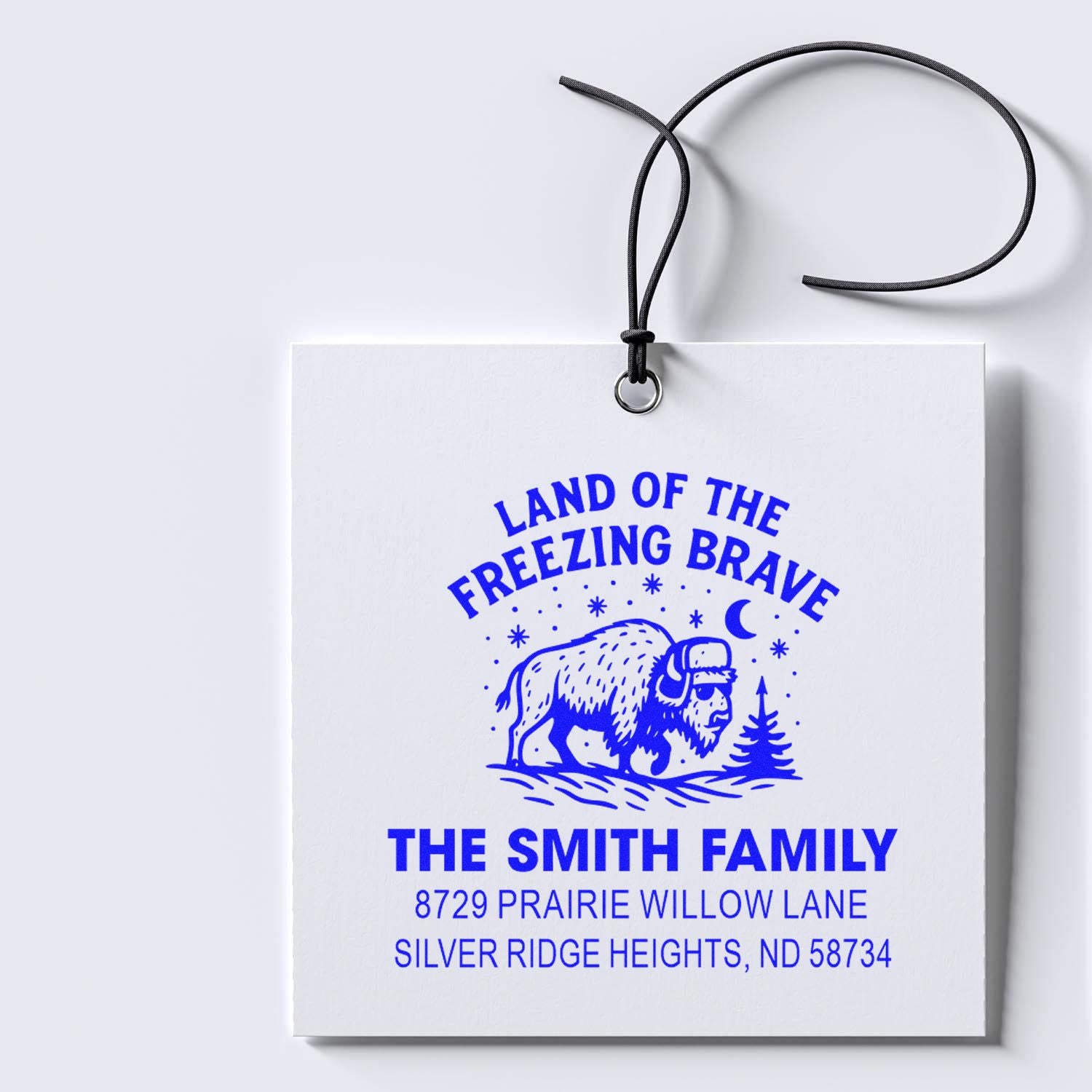 Custom rubber stamp design for family address labels with bison graphic, Land of the Freezing Brave, and The Smith Family address.