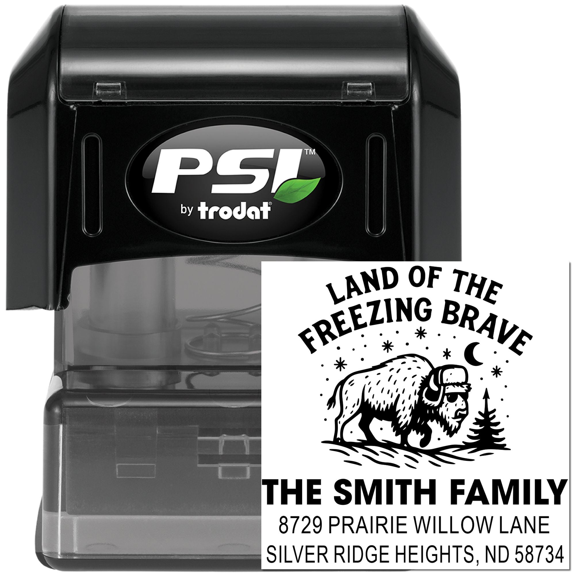 PSI by Trodat self-inking rubber stamp with custom family address imprint and buffalo design, personalized for The Smith Family.