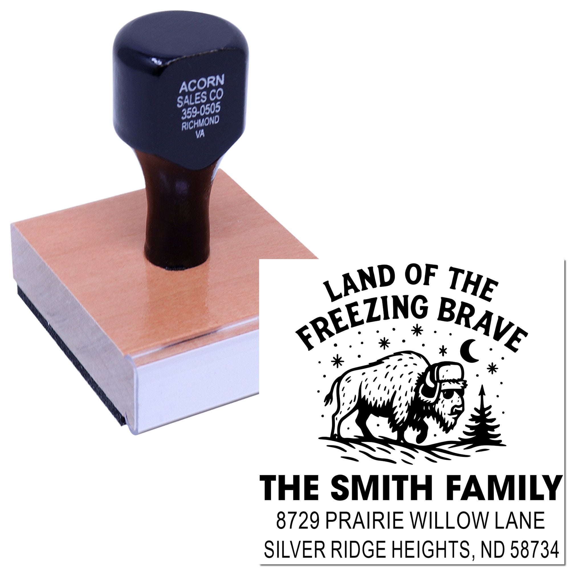 Personalized self-inking rubber return address stamp with bison design for The Smith Family