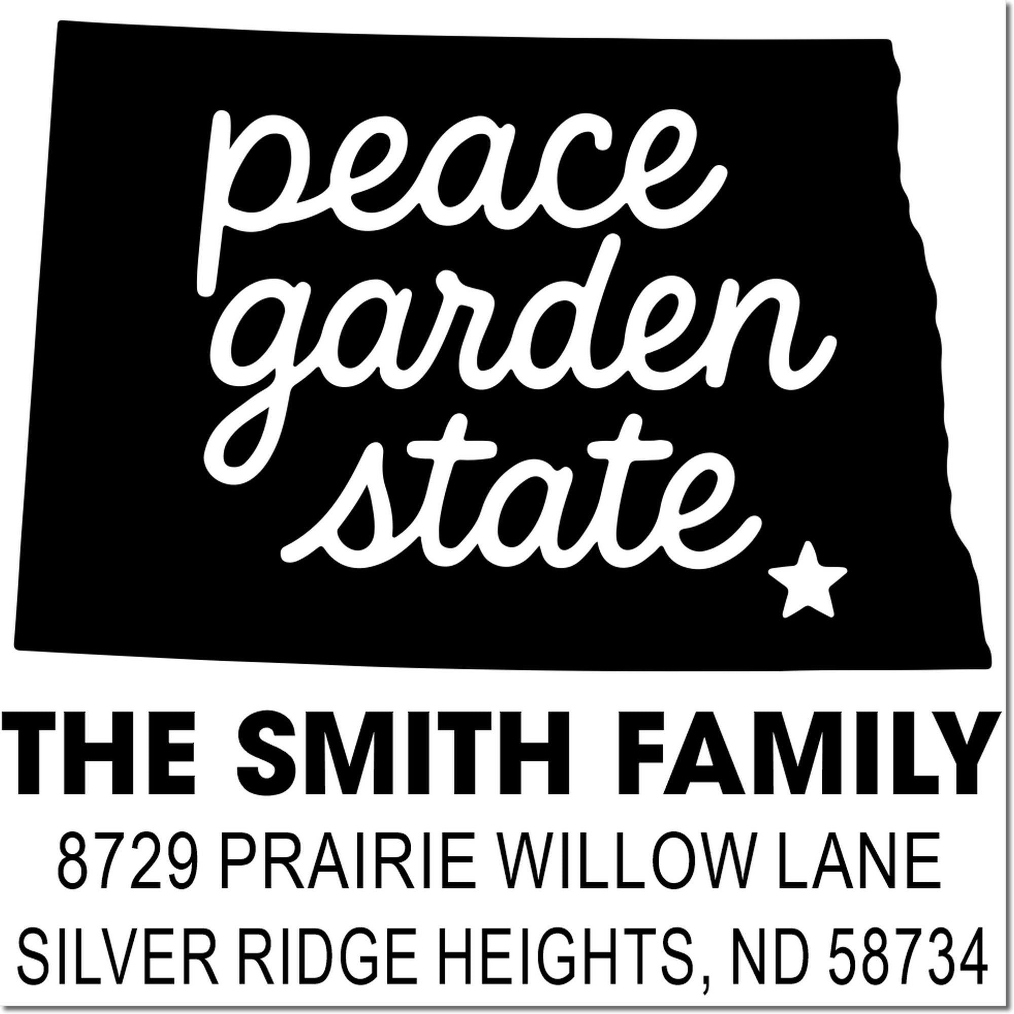 Custom rubber stamp for The Smith Family return address, 8729 Prairie Willow Lane, Silver Ridge Heights, ND 58734.