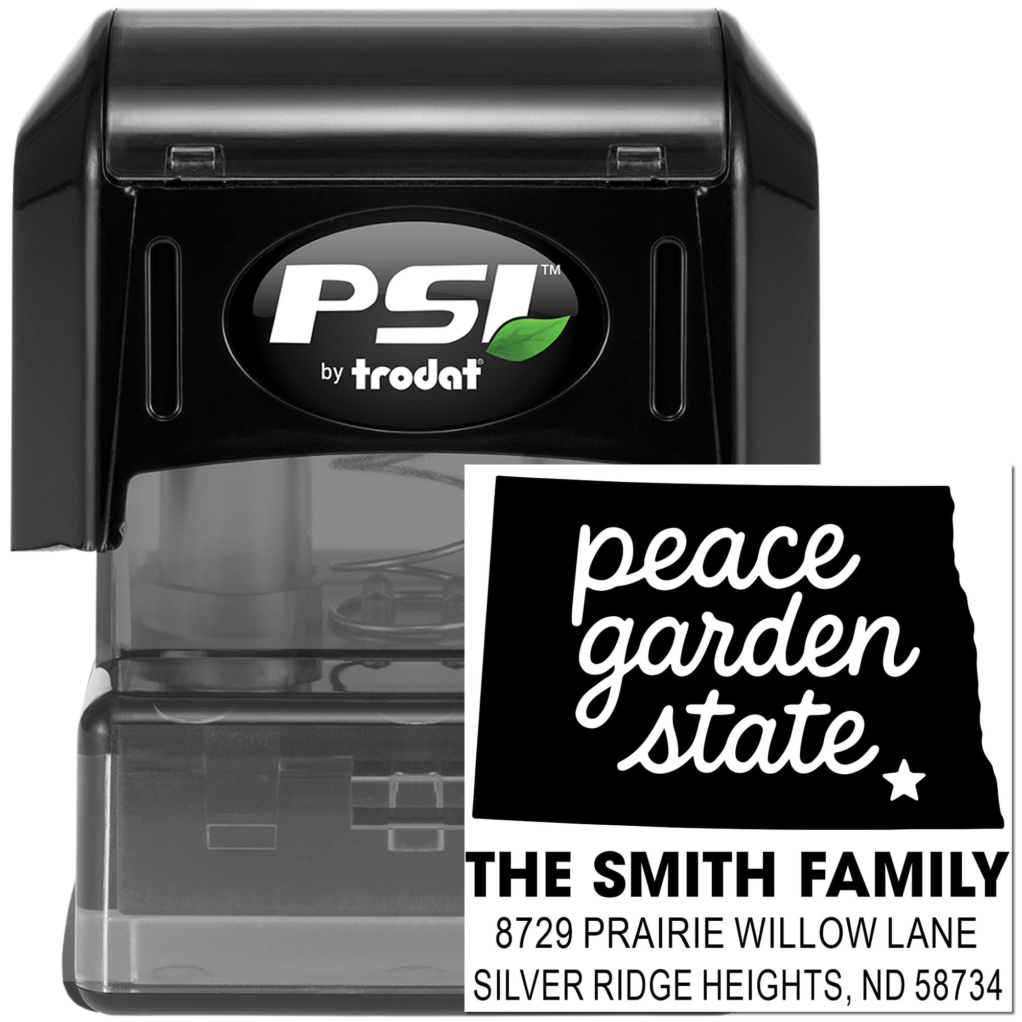 Custom self-inking rubber address stamp by PSI by Trodat with The Smith Family return address and Peace Garden State design.