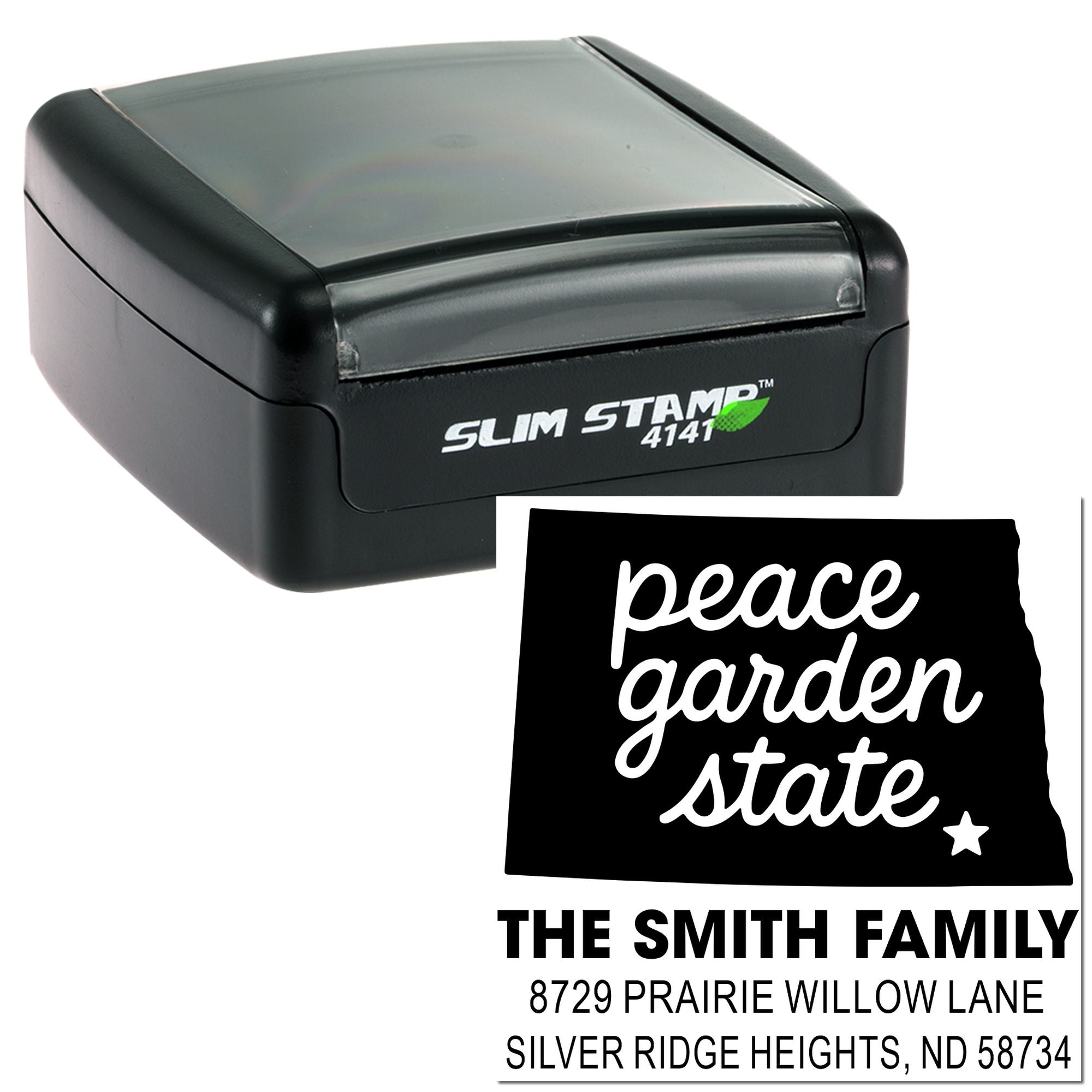 Custom self-inking rubber address stamp for envelopes and mailings, shown with family return address design.