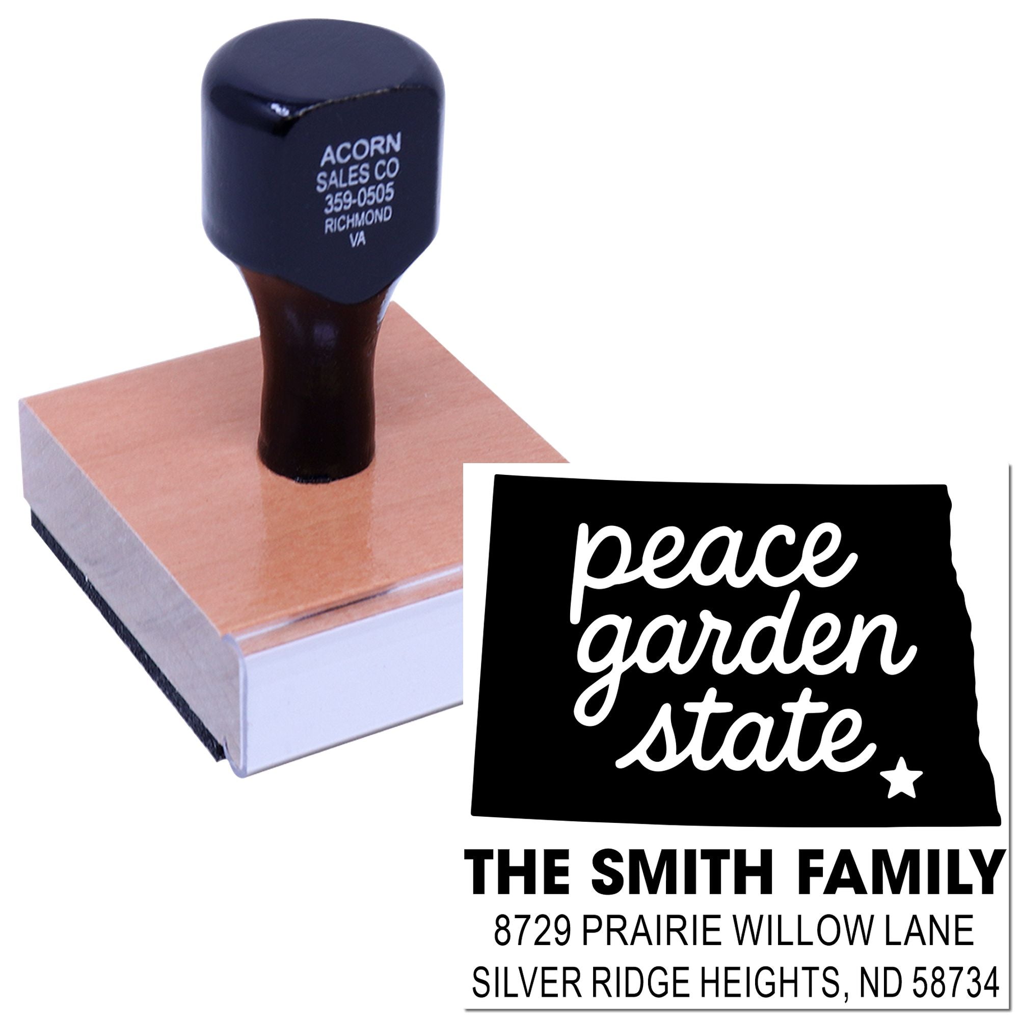 Custom address rubber stamp with peace garden state design for personalized family mail and stationery