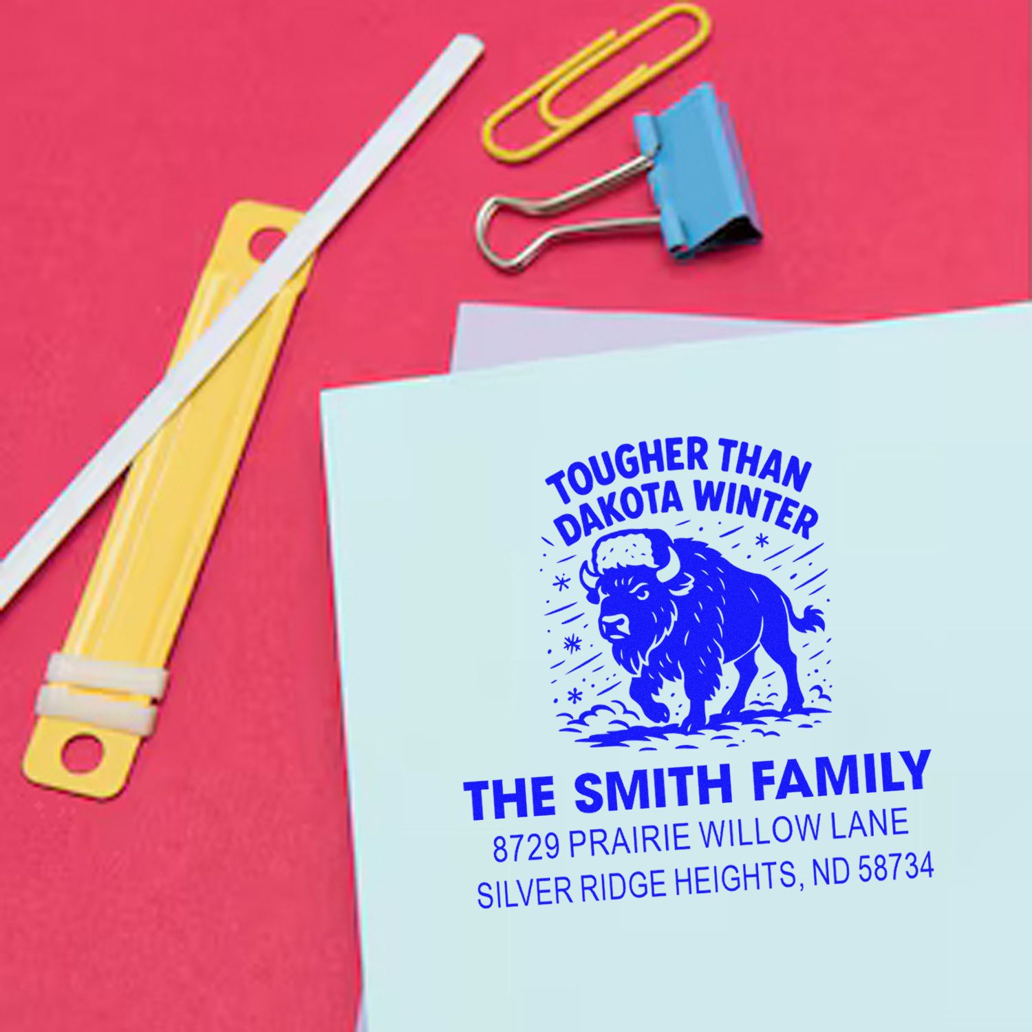 Personalized return address rubber stamp with buffalo design for The Smith Family envelopes.