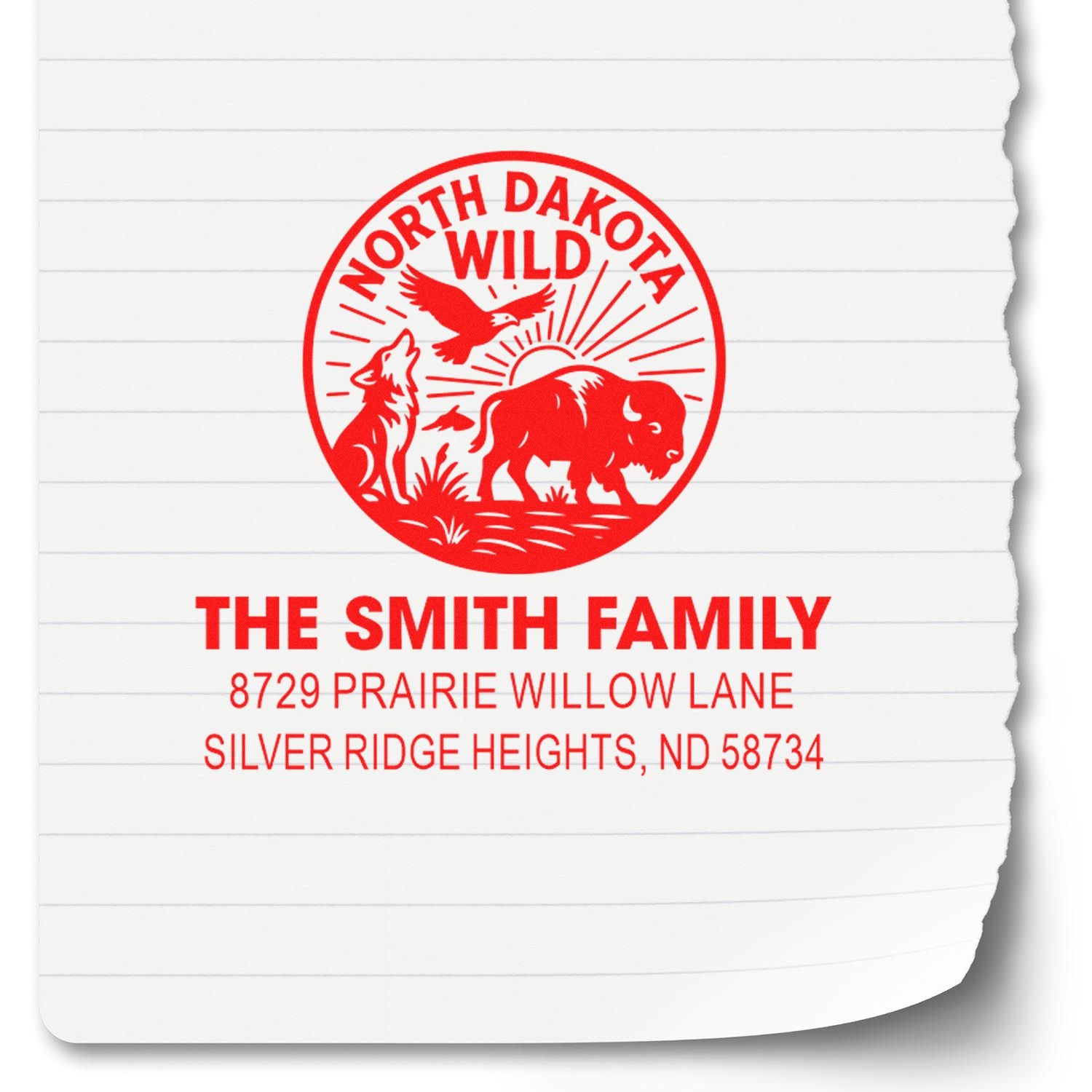 Custom address rubber stamp for The Smith Family with North Dakota Wild buffalo, wolf and eagle design.