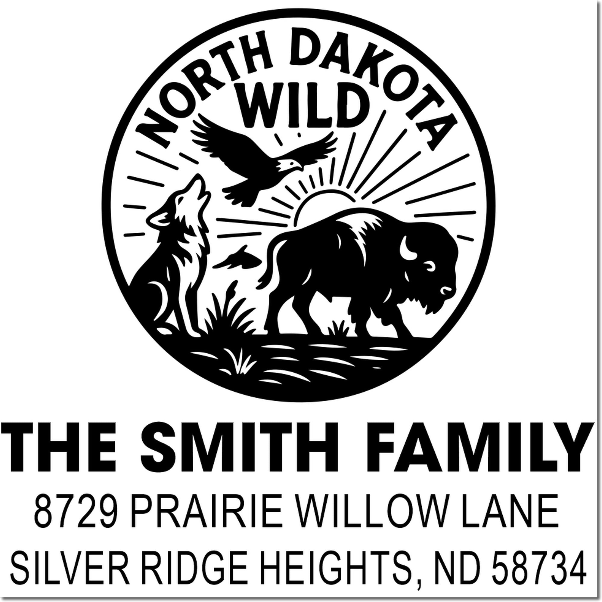 Custom North Dakota wildlife address rubber stamp for The Smith Family, 8729 Prairie Willow Lane, Silver Ridge Heights, ND 58734.