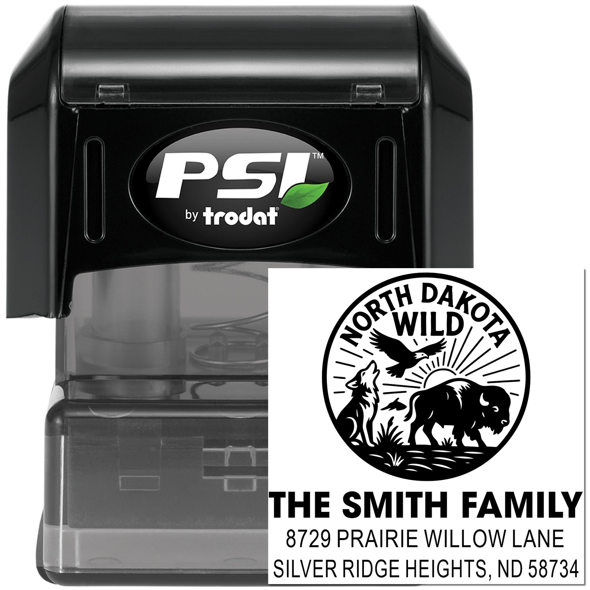 PSI by Trodat self-inking rubber stamp with custom North Dakota family address and wildlife logo imprint