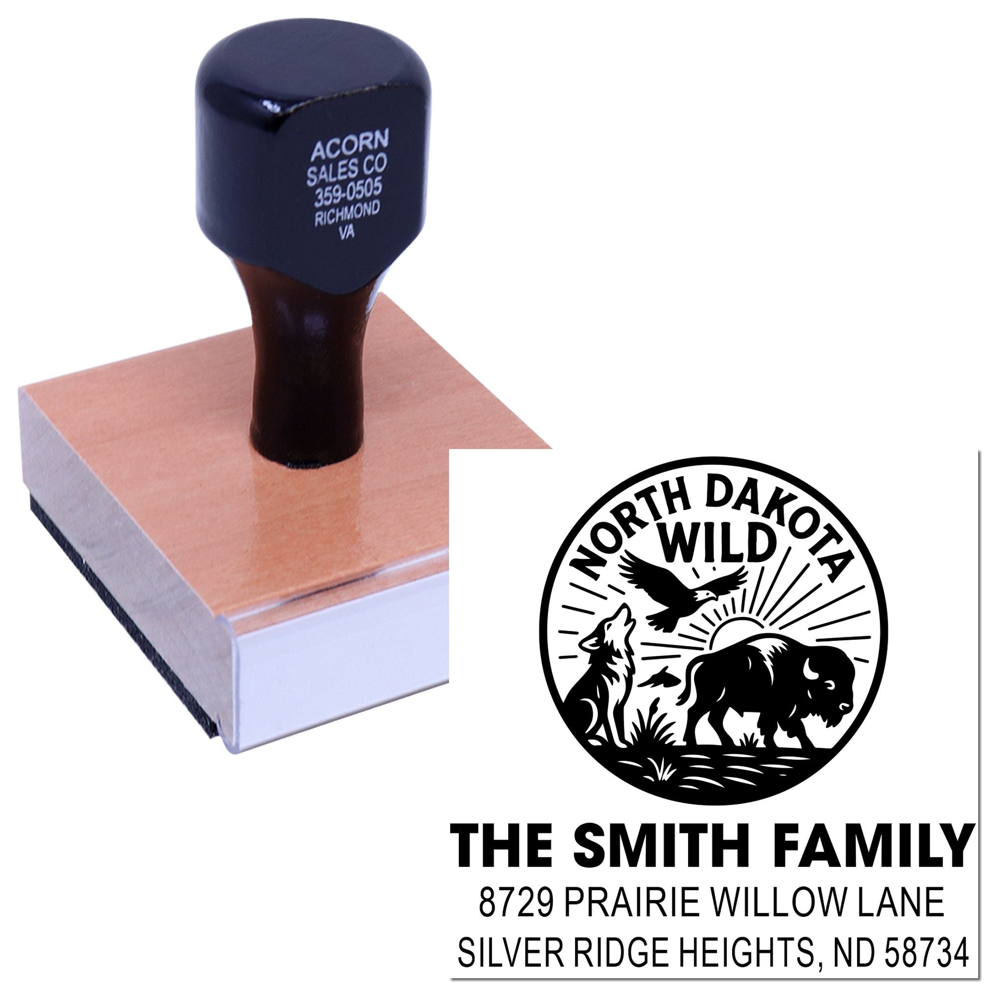 Personalized rubber stamp with family address and wildlife logo, shown with stamp block and imprint sample.