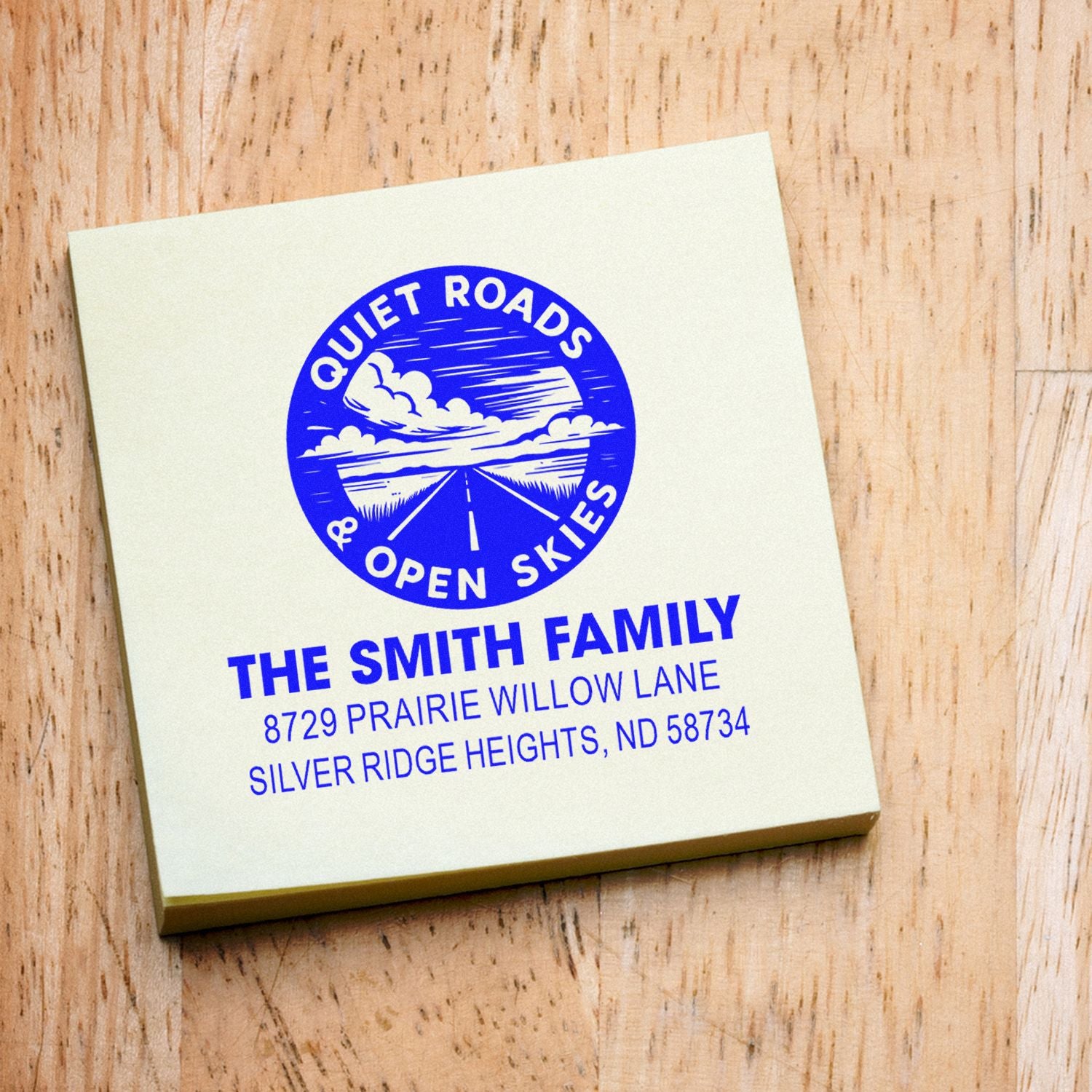 Personalized return address rubber stamp for The Smith Family with Quiet Roads & Open Skies design.