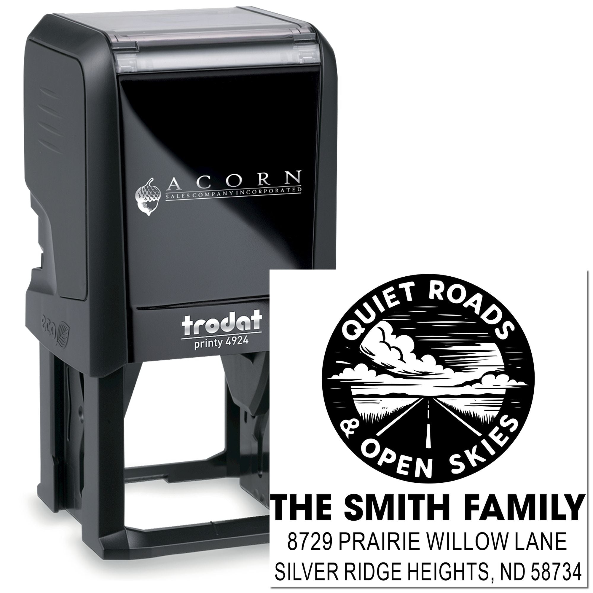 Trodat self-inking rubber stamp with custom family address imprint and Quiet Roads & Open Skies design for personalized mail.