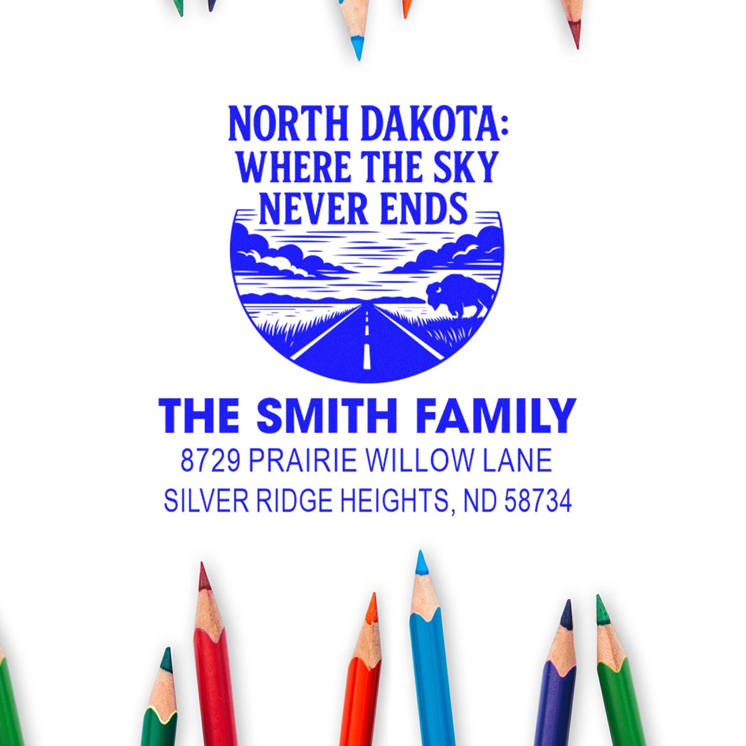Custom North Dakota family address rubber stamp with state slogan, The Smith Family name, and mailing address.