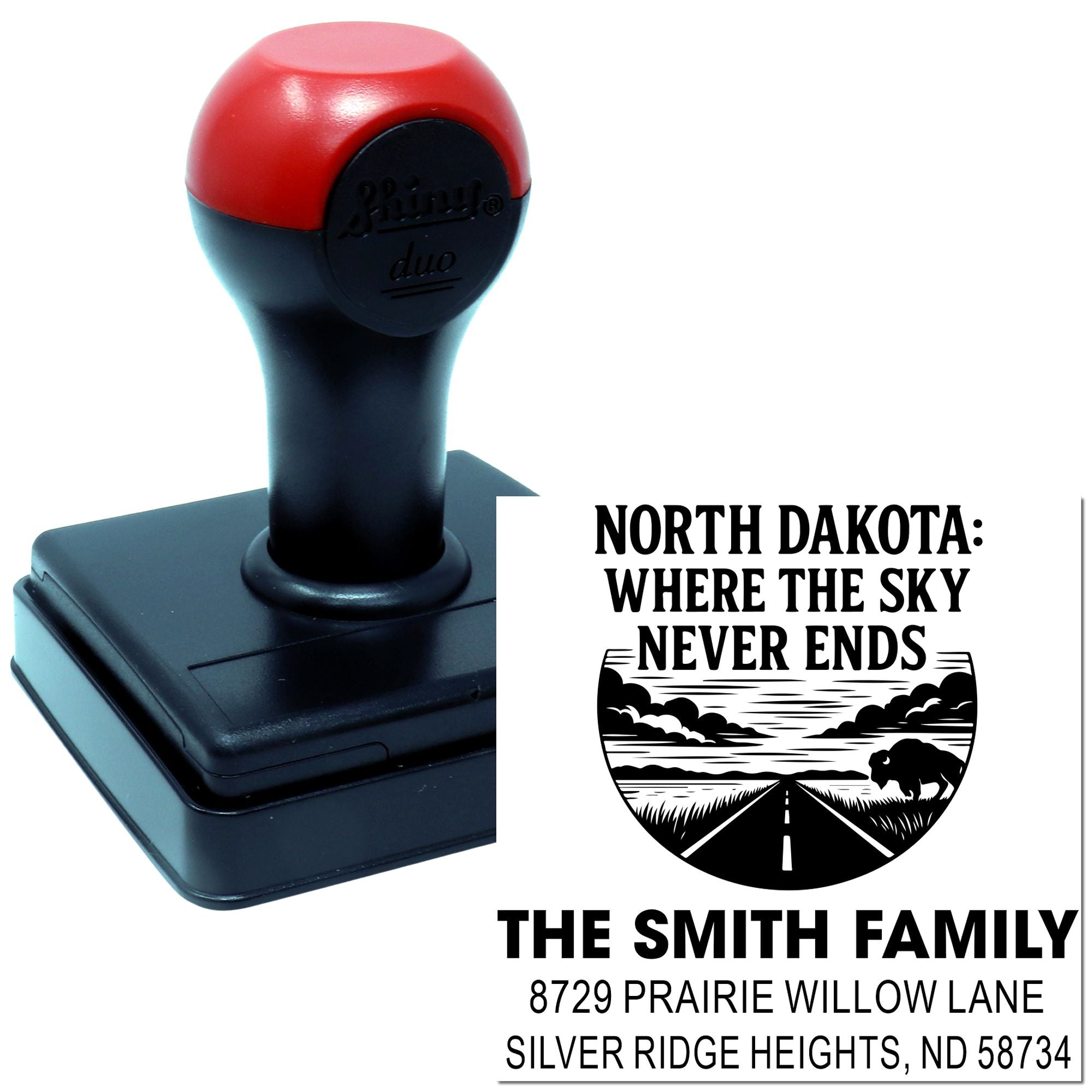 Custom self-inking address rubber stamp with North Dakota scenic design and The Smith Family return address imprint.