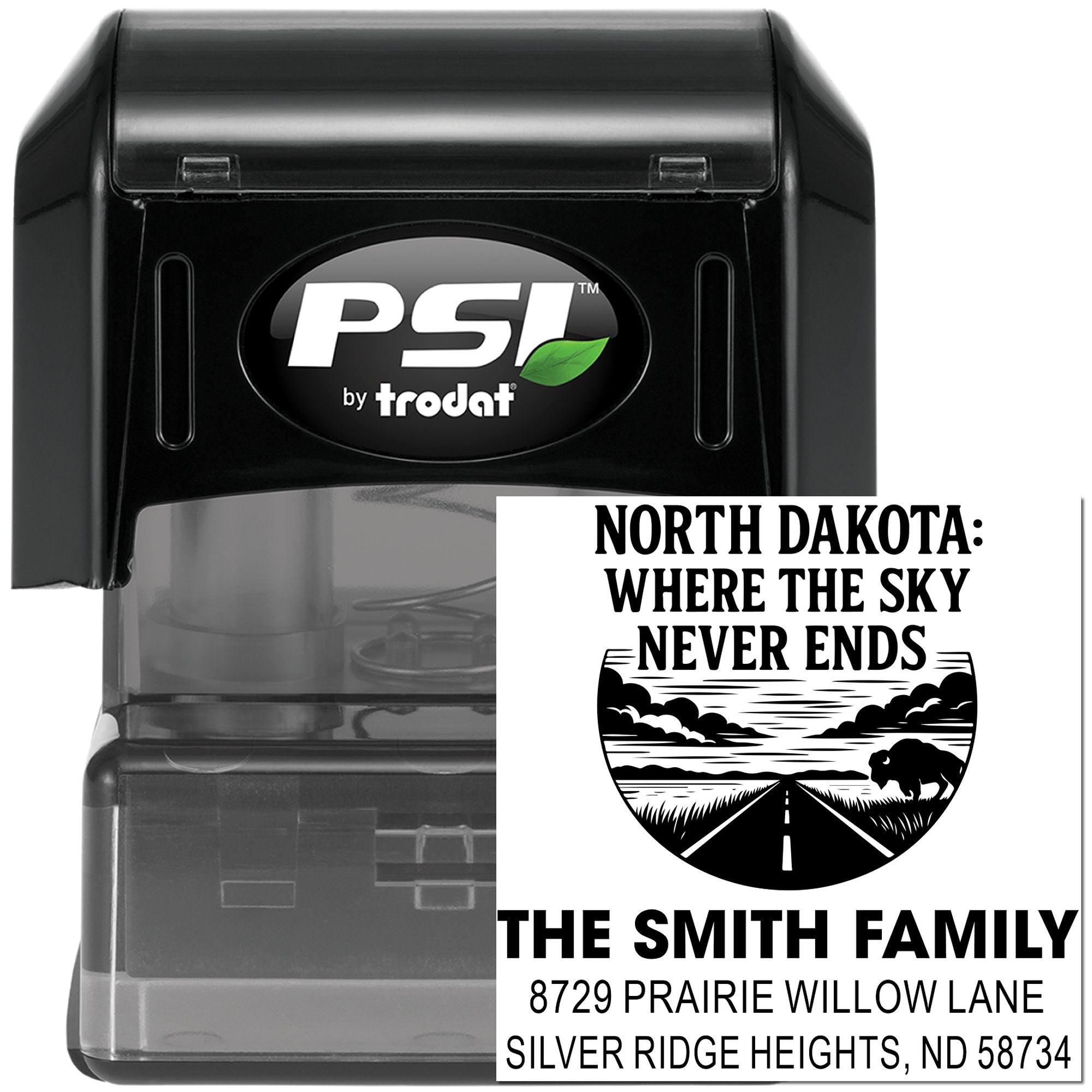 Custom North Dakota address rubber stamp with scenic family design, self-inking PSI by Trodat.