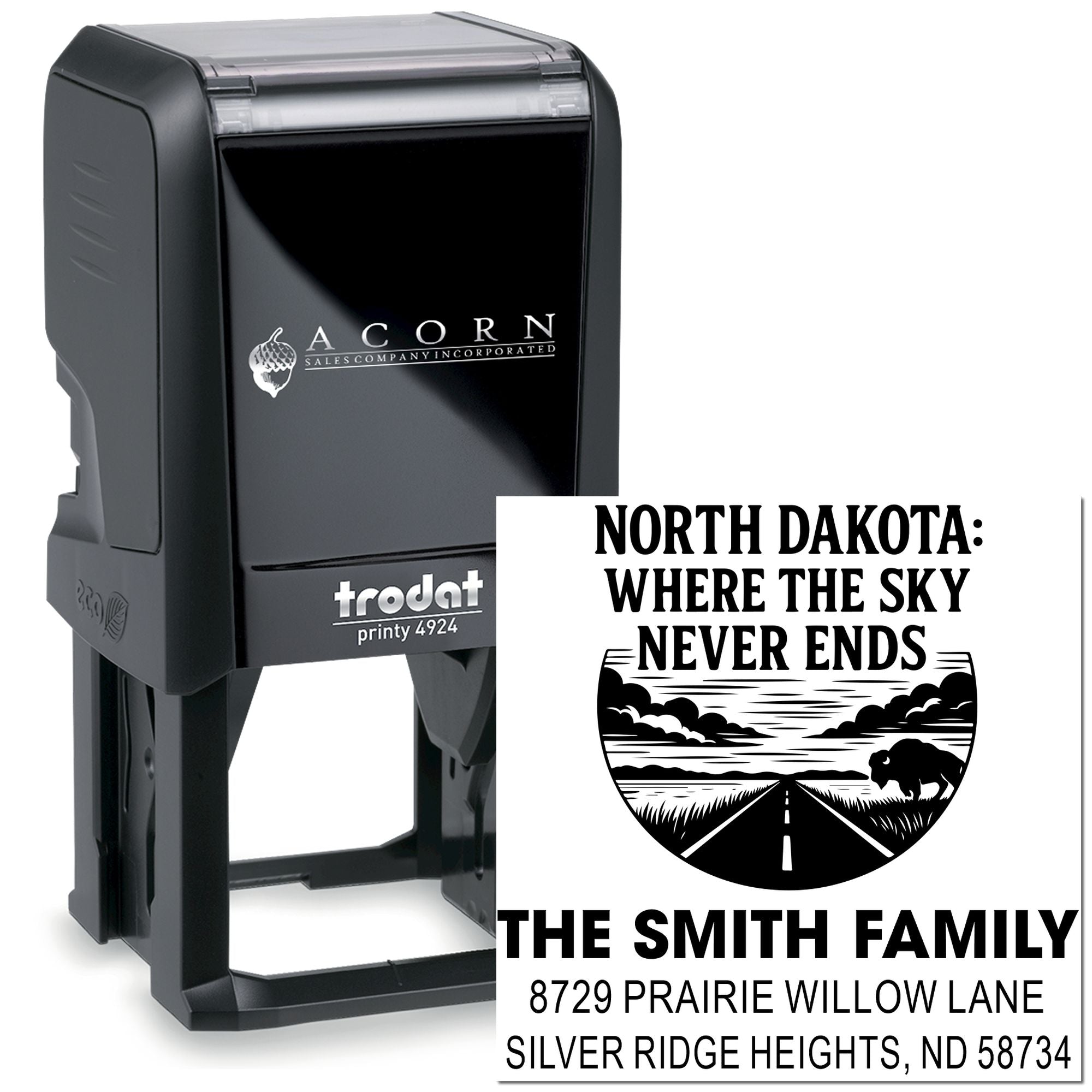 Custom self-inking rubber stamp featuring North Dakota family address and scenic state design for personalized mailing.