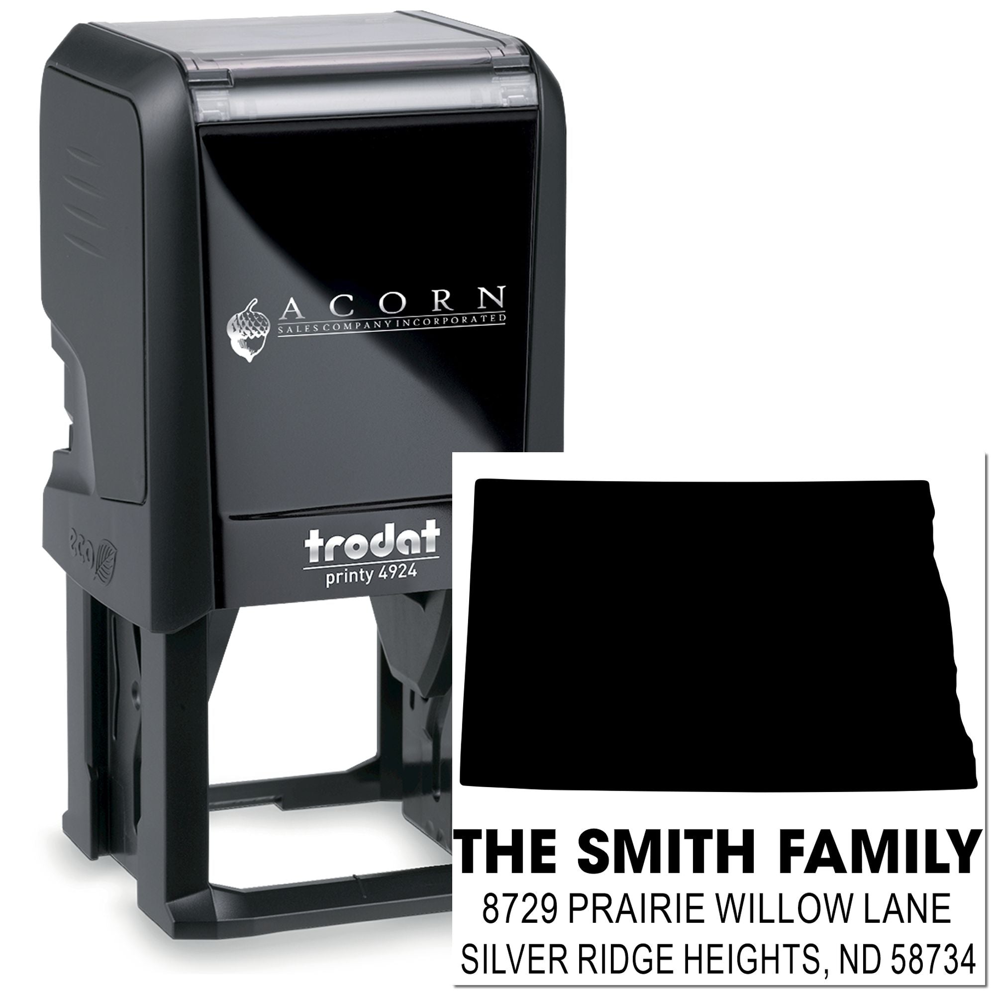 Custom self-inking address rubber stamp, Trodat Printy 4924, for The Smith Family mailing address imprint.
