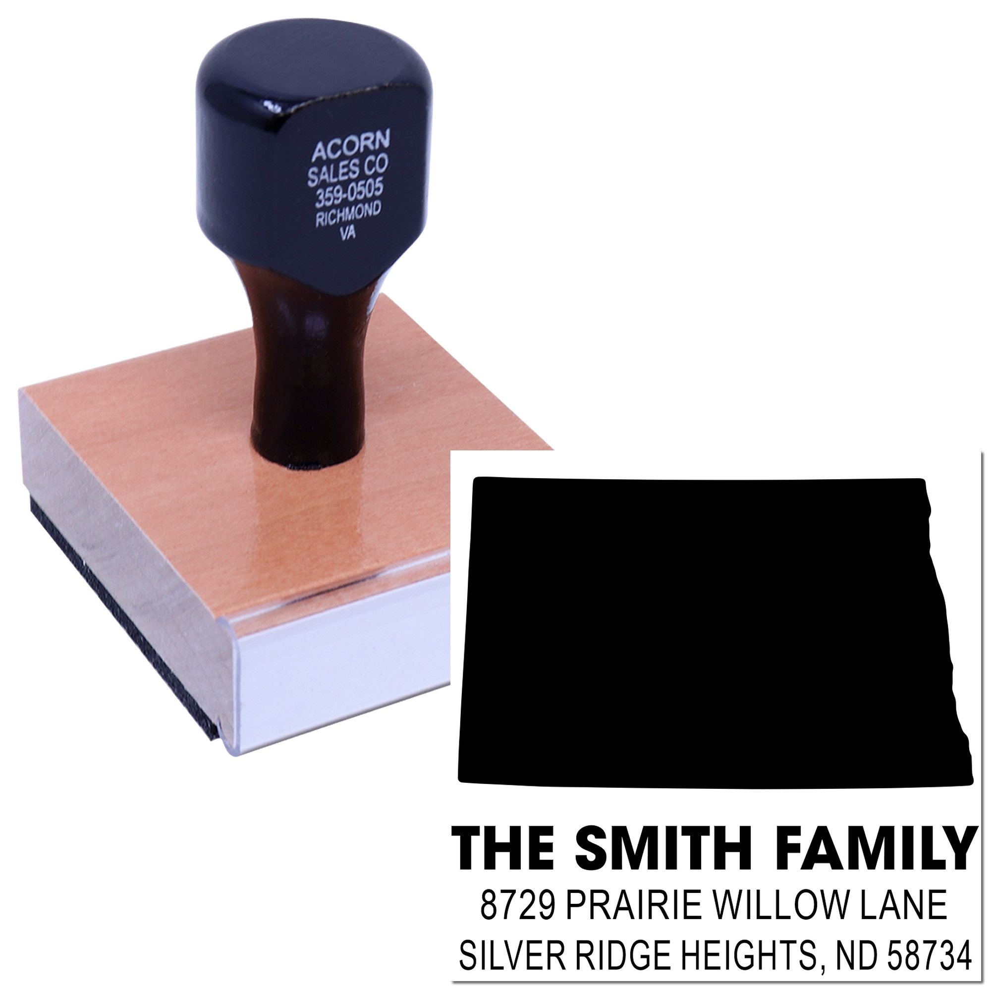 Custom self-inking rubber address stamp featuring family name and mailing address for wedding, home, or business use.