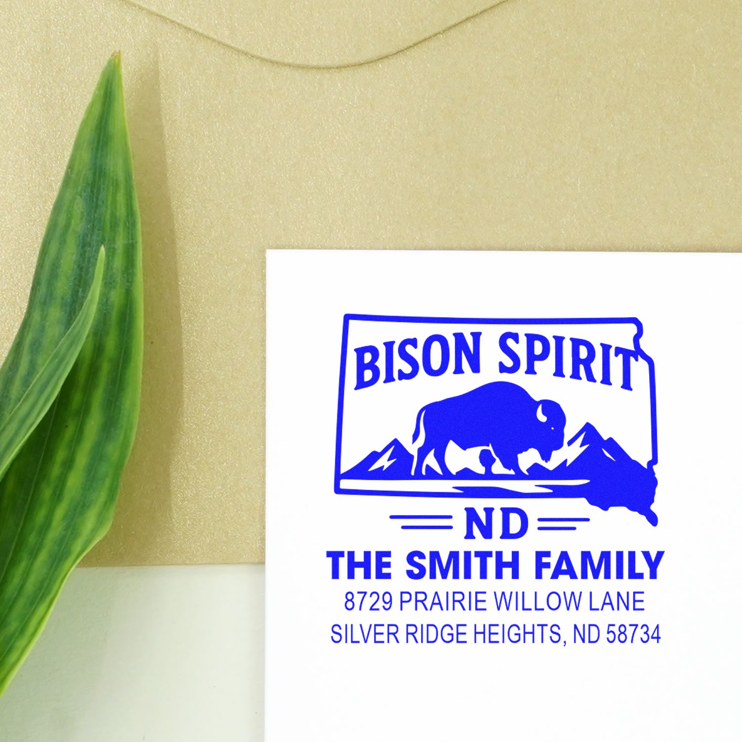 Custom address stamp with Bison Spirit design for The Smith Family, North Dakota return address stamp for mailings.