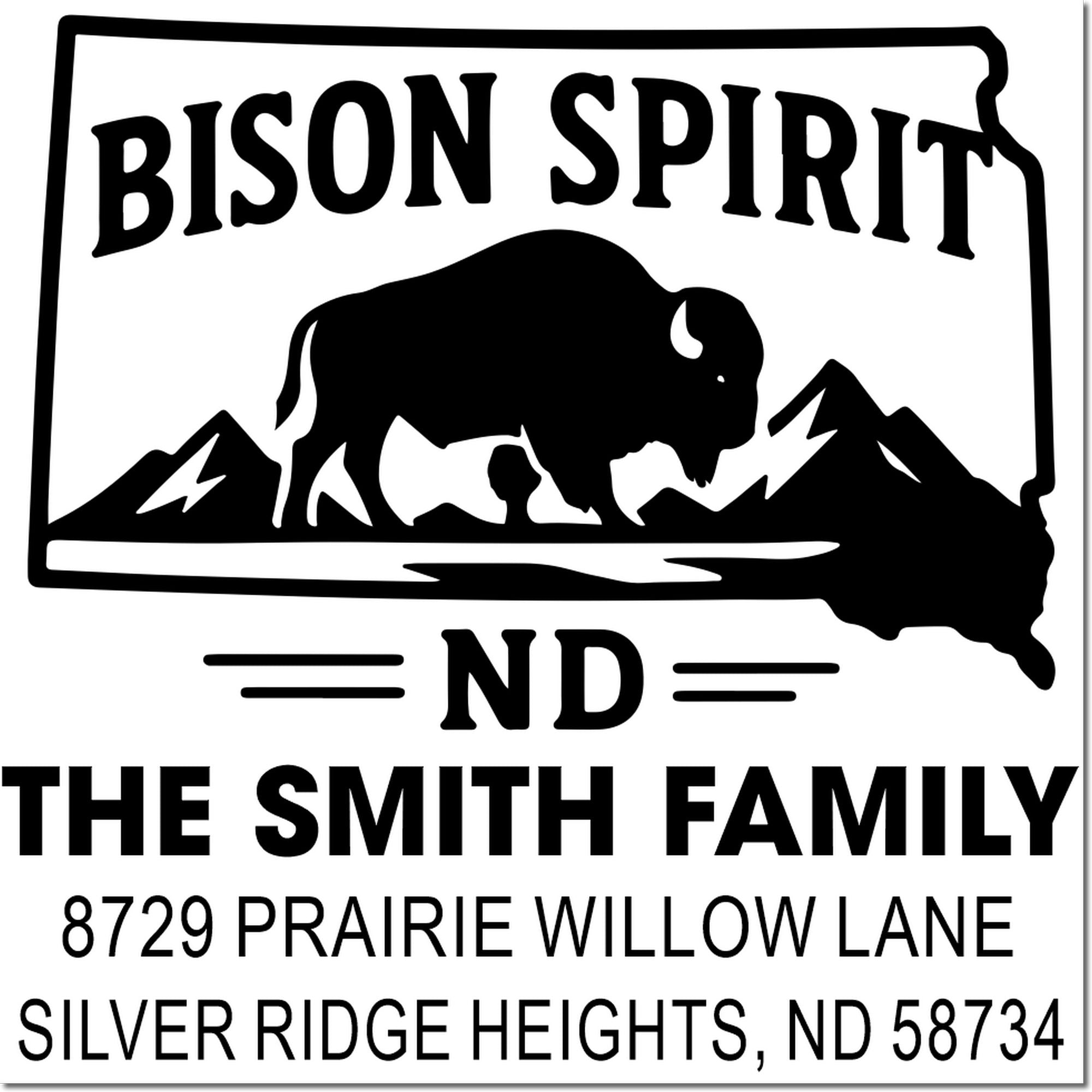 Custom Bison Spirit North Dakota return address rubber stamp for The Smith Family, with bison graphic and home address.