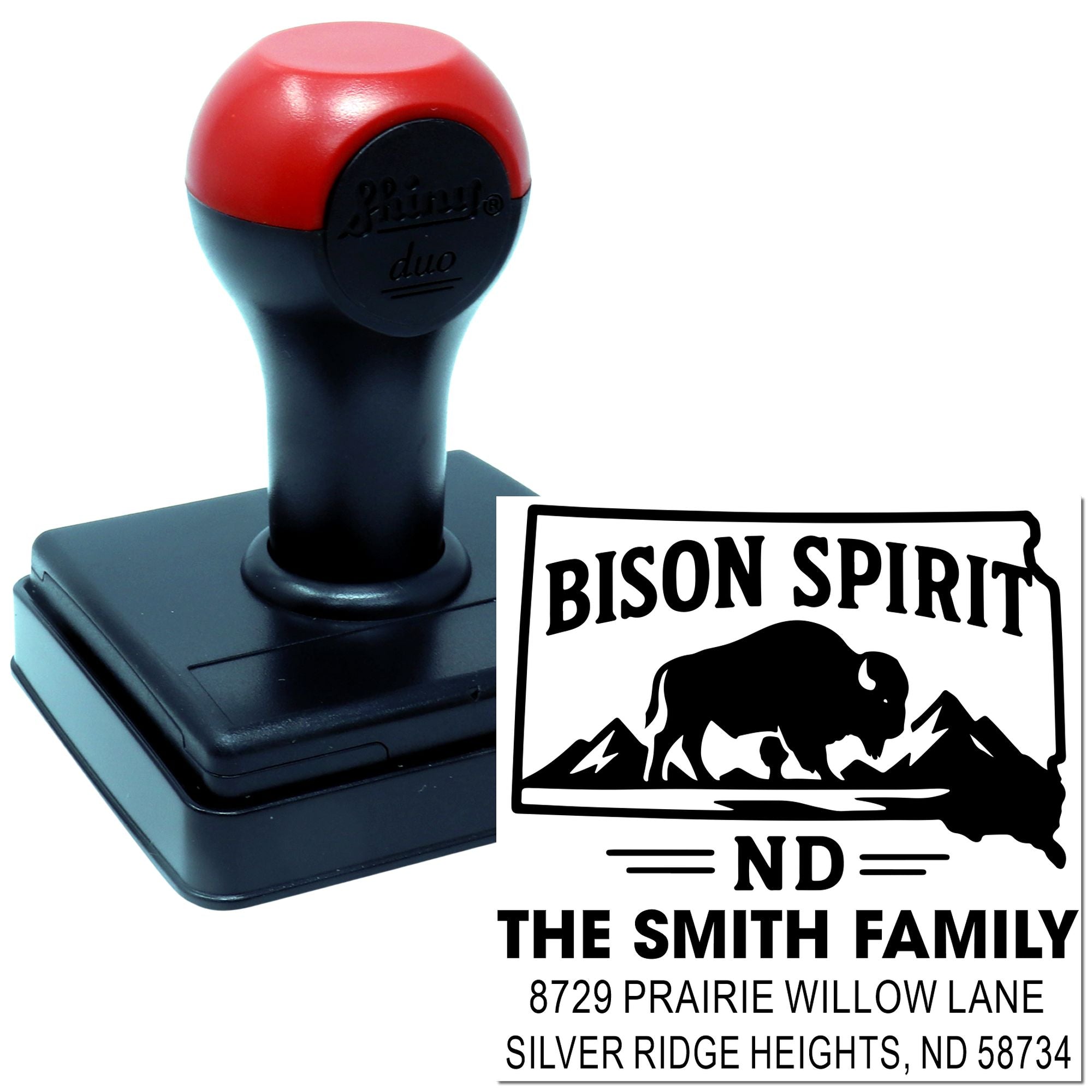 Personalized self-inking rubber stamp with Bison Spirit design and Smith family North Dakota address imprint.