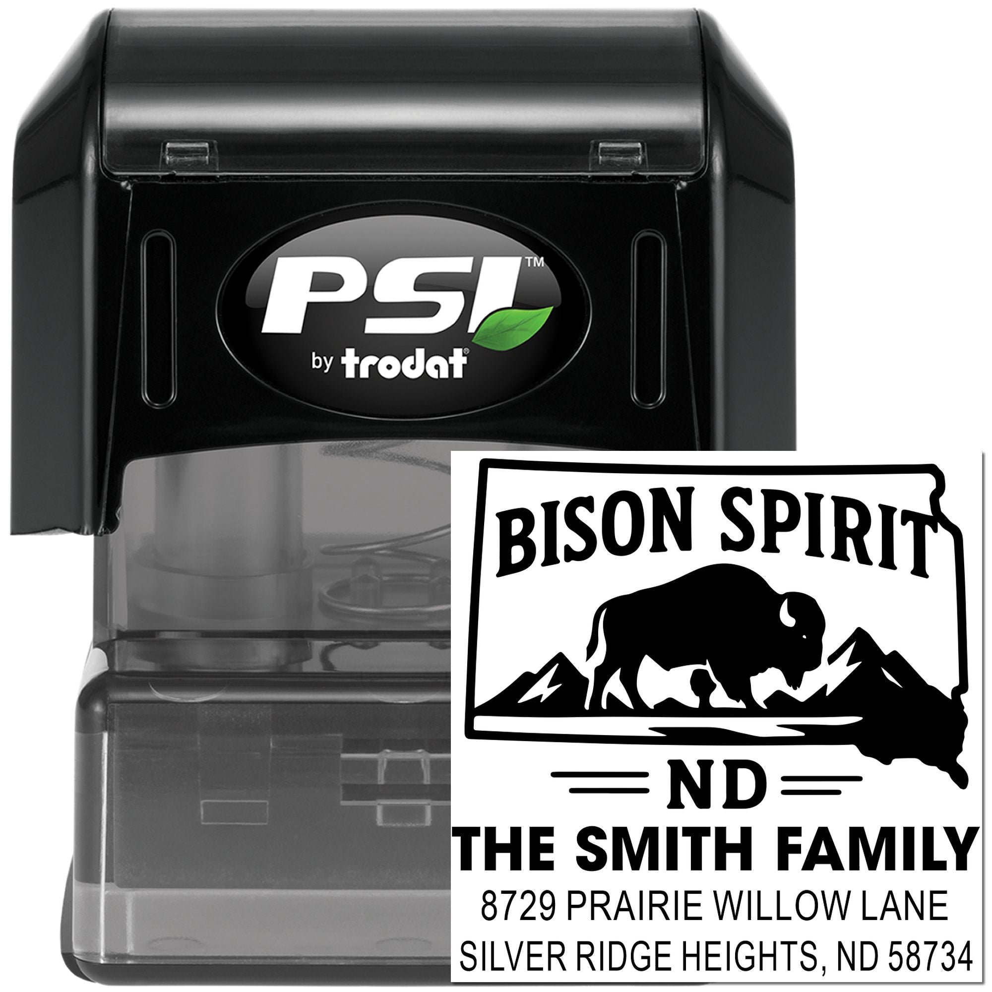 Custom self-inking PSI by Trodat rubber stamp with Bison Spirit family address design for North Dakota mailing labels.