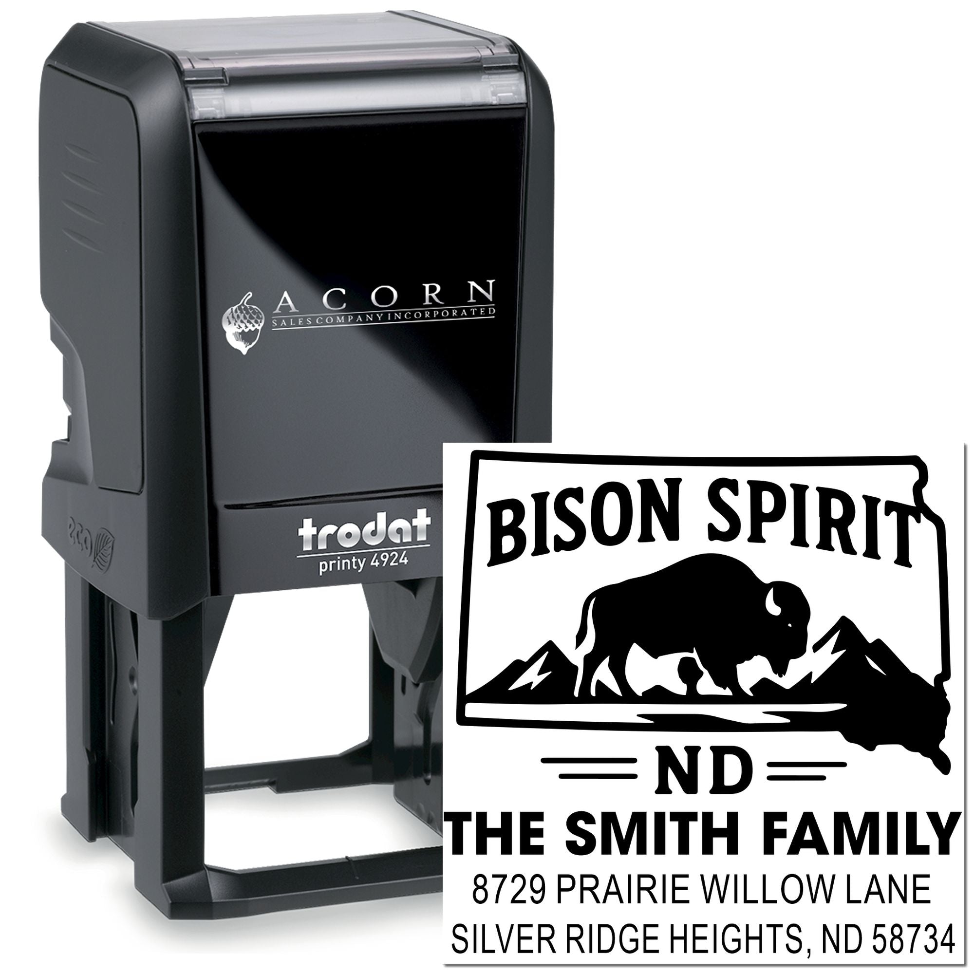 Custom self-inking rubber stamp with Bison Spirit ND design and Smith Family address for personalized return mailing.