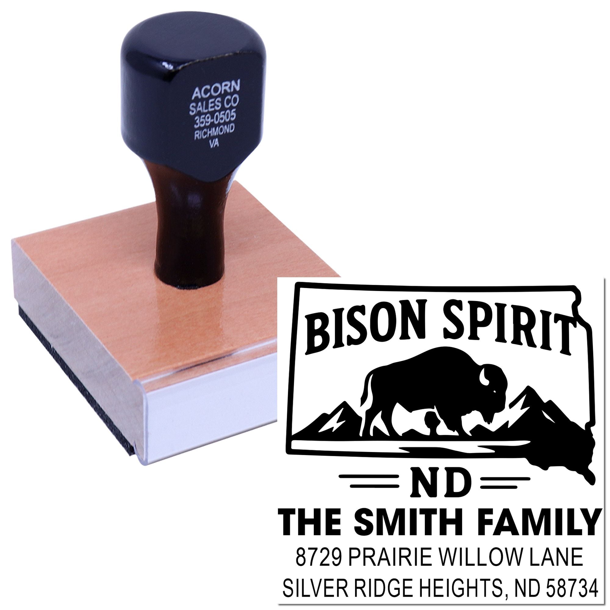 Custom rubber address stamp with Bison Spirit buffalo design for The Smith Family, North Dakota return address.