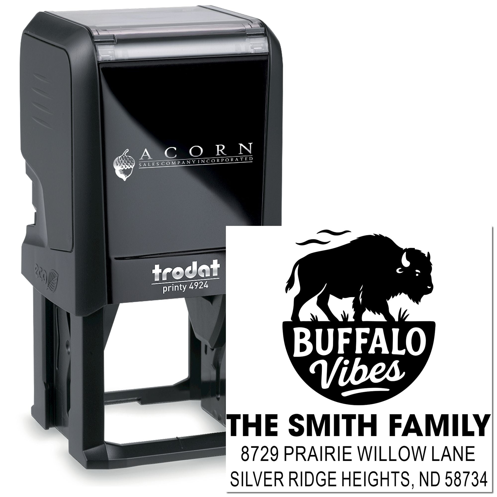 Custom self-inking rubber stamp with Buffalo Vibes design and The Smith Family address, Trodat Printy 4924.