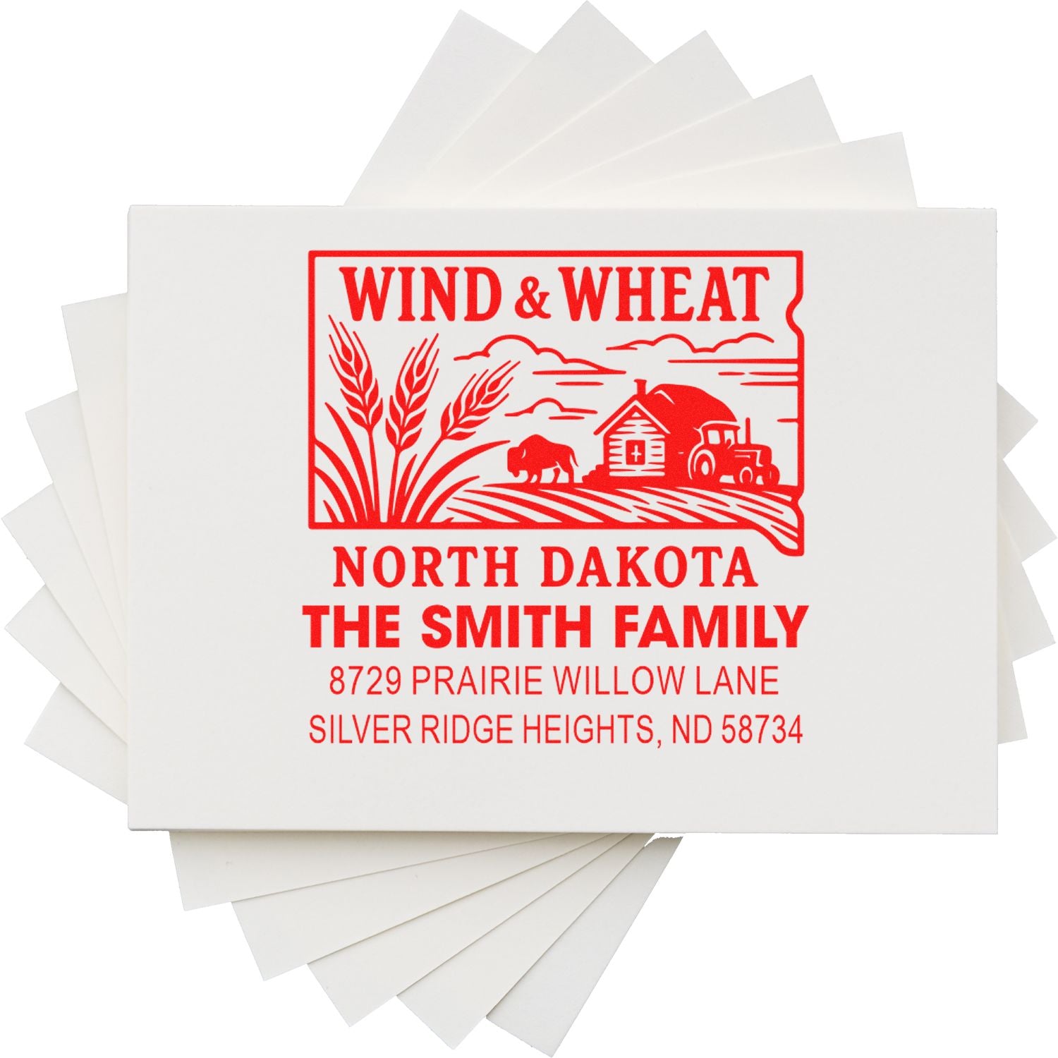 Custom North Dakota family return address rubber stamp with wind and wheat farm design for The Smith Family.
