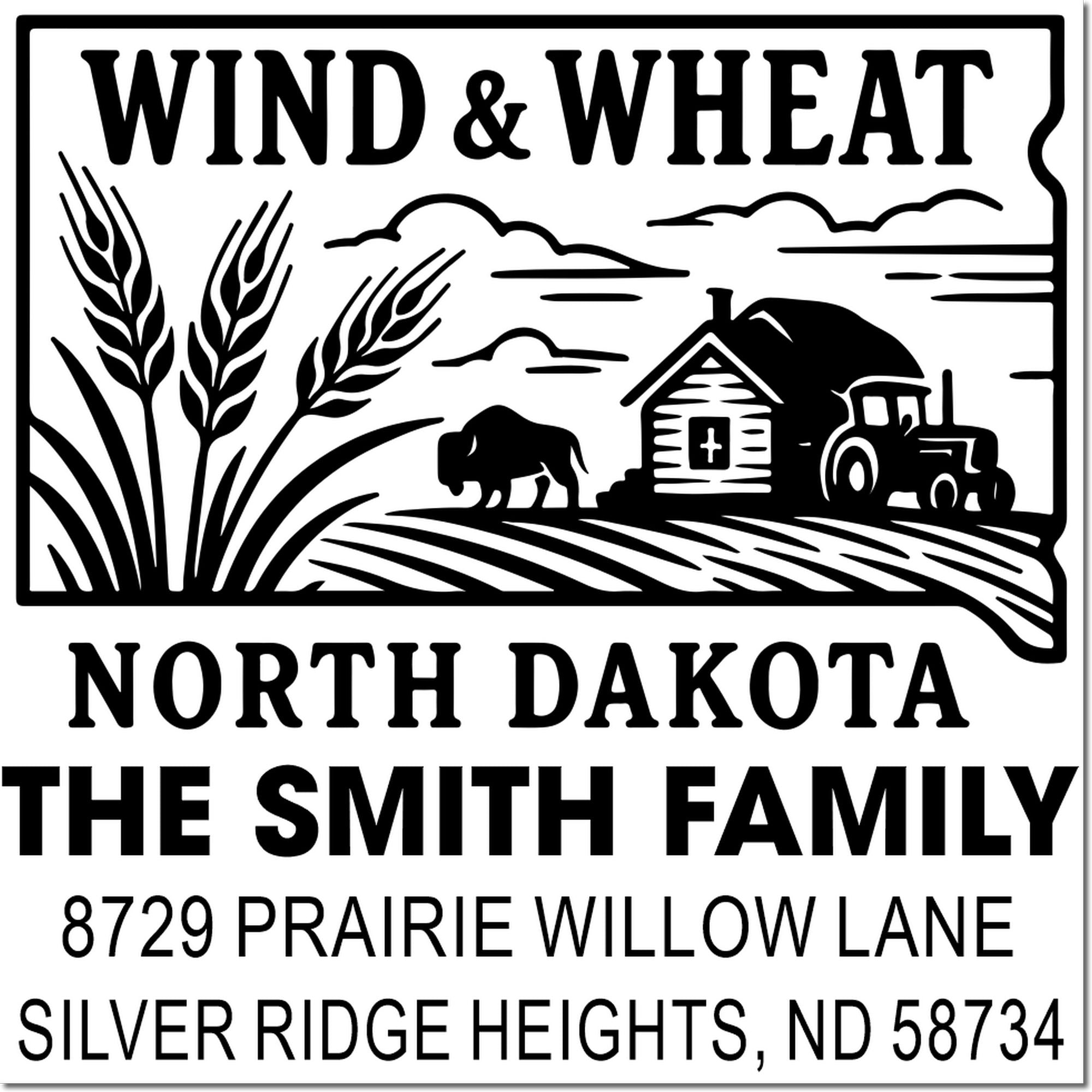 Custom North Dakota return address rubber stamp for The Smith Family, with wind and wheat farm design and address