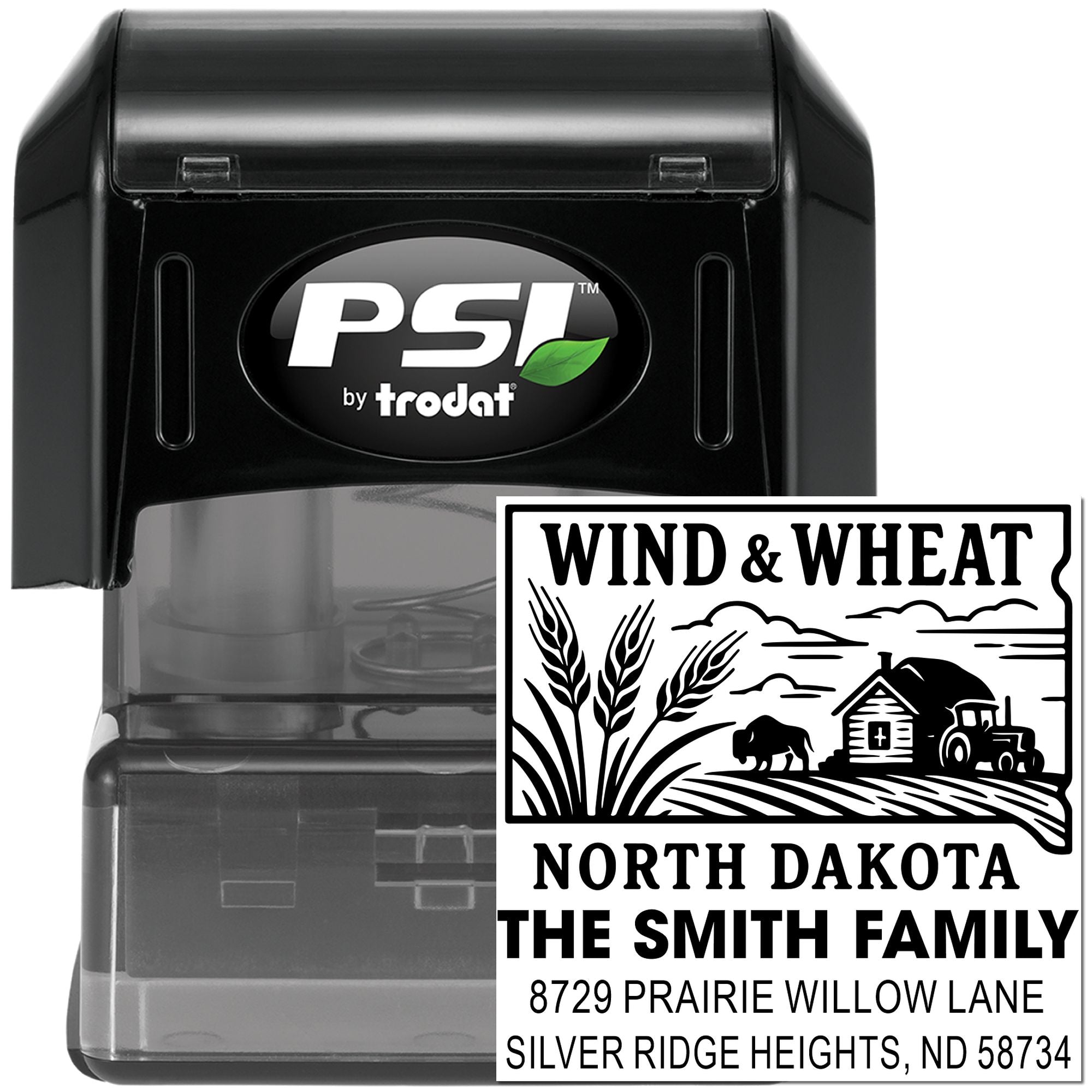 Custom self-inking rubber stamp with Wind & Wheat North Dakota farm design, family name, and return address, PSI by Trodat.