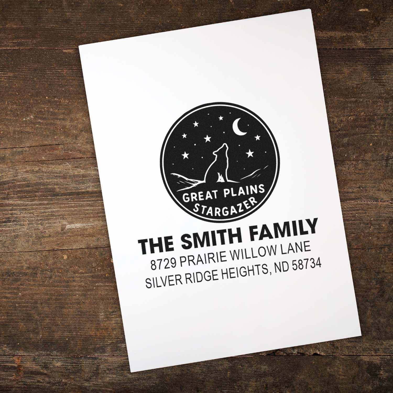 Custom return address rubber stamp for the Smith family, featuring Great Plains Stargazer logo and mailing address.