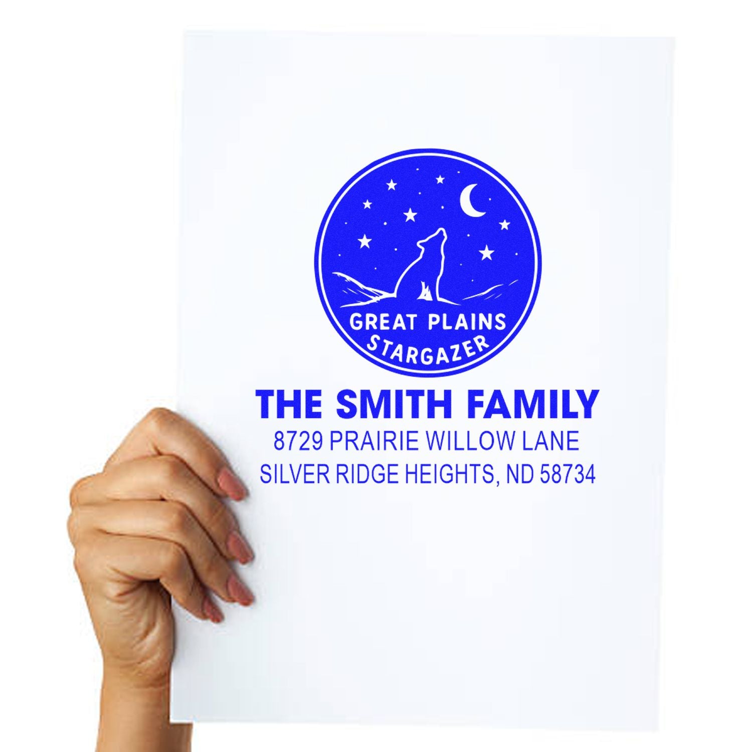 Personalized return address rubber stamp design featuring Great Plains Stargazer logo for The Smith Family.