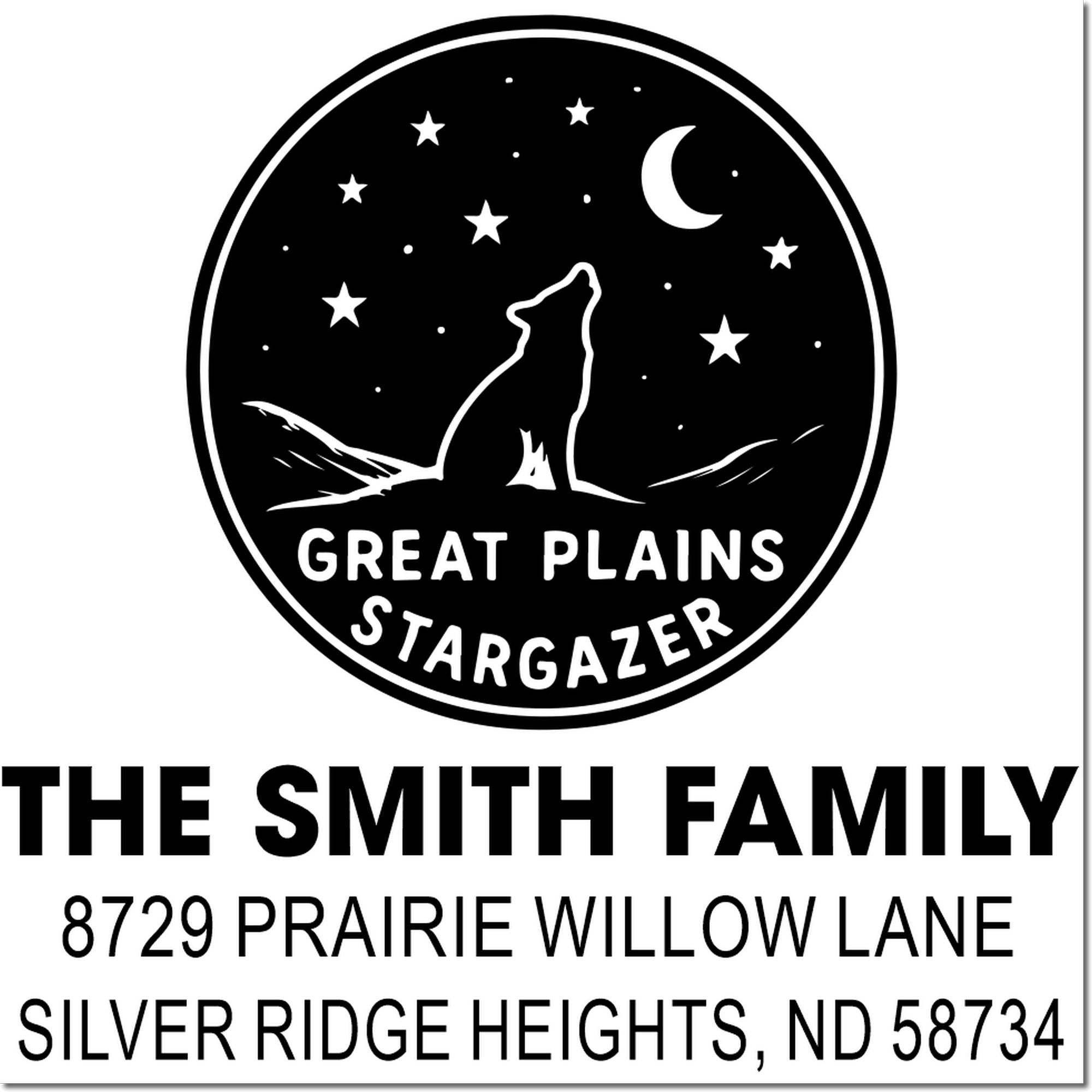 Custom Great Plains Stargazer wolf return address stamp for The Smith Family, Silver Ridge Heights, ND 58734