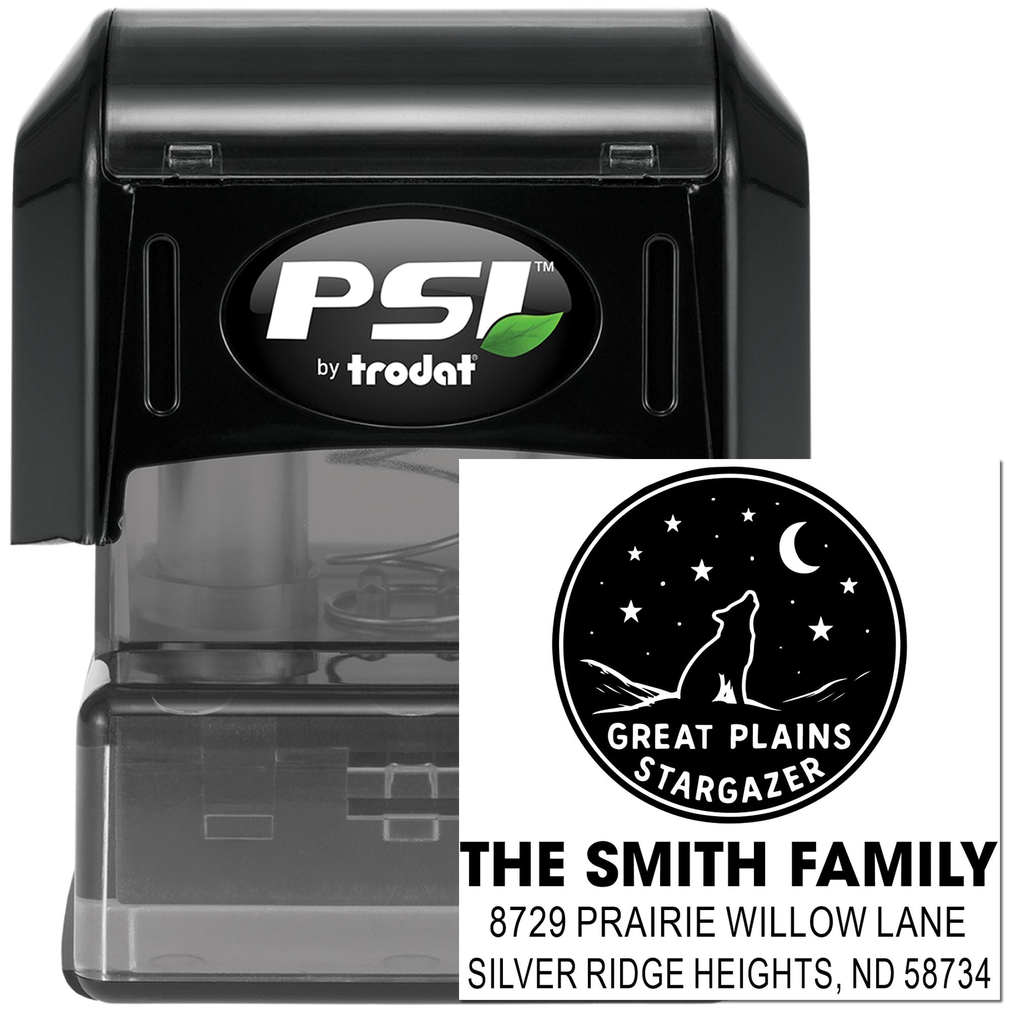 PSI by Trodat self-inking rubber stamp with custom return address design and family logo, ideal for personalized address stamps.