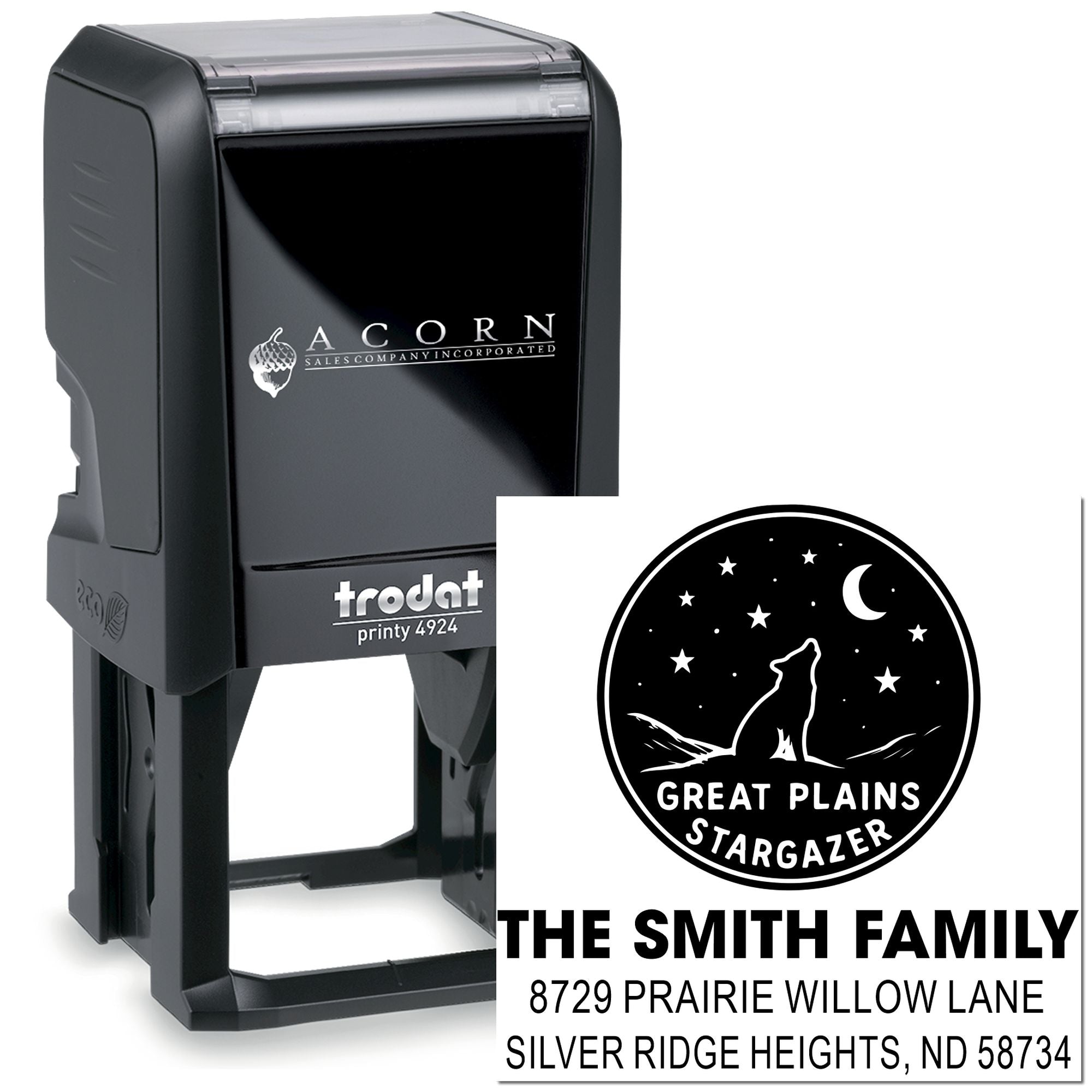Custom self-inking rubber stamp with personalized family address and logo, shown on Trodat Printy 4924.