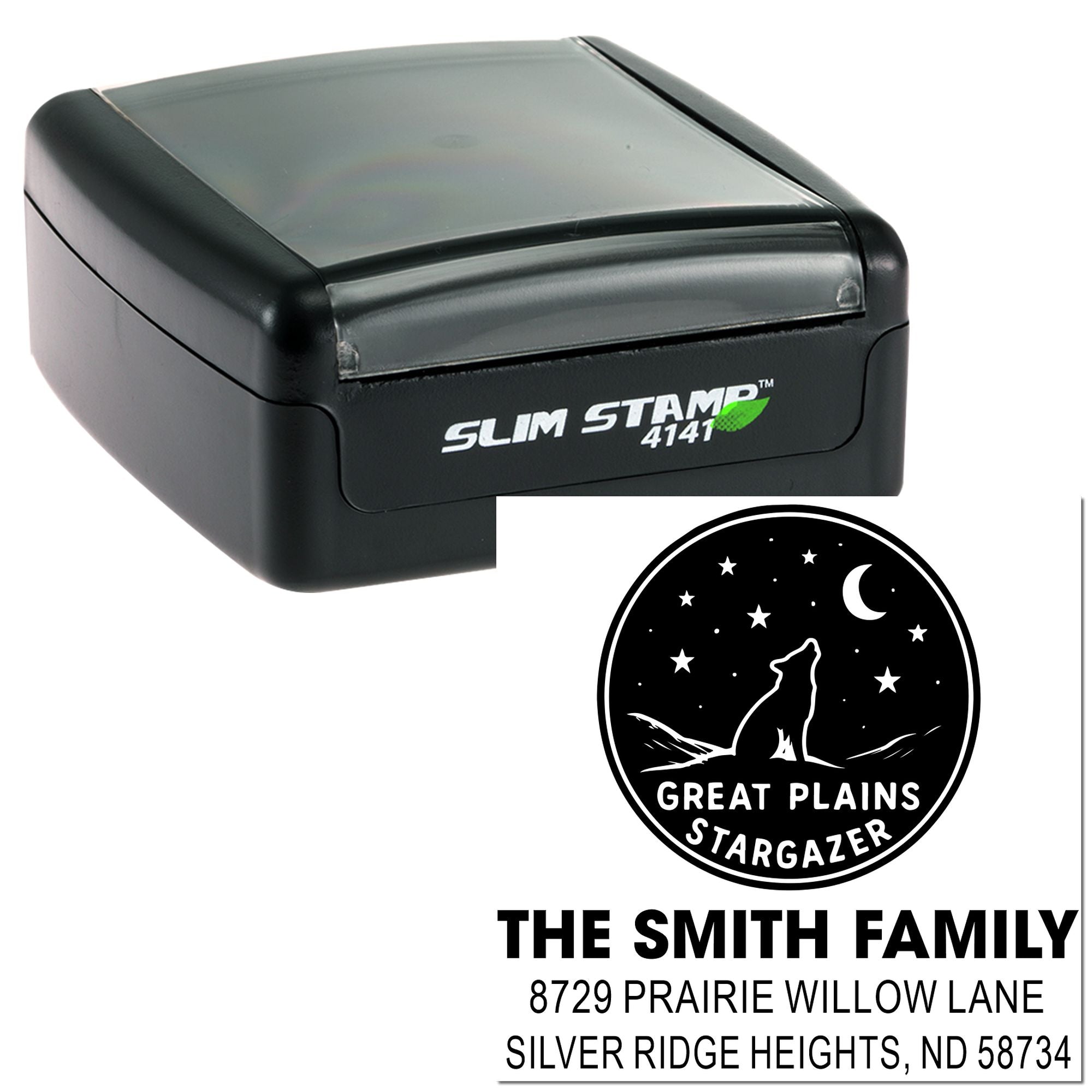 Custom self-inking rubber address stamp with Great Plains Stargazer design for The Smith Family return address envelopes.