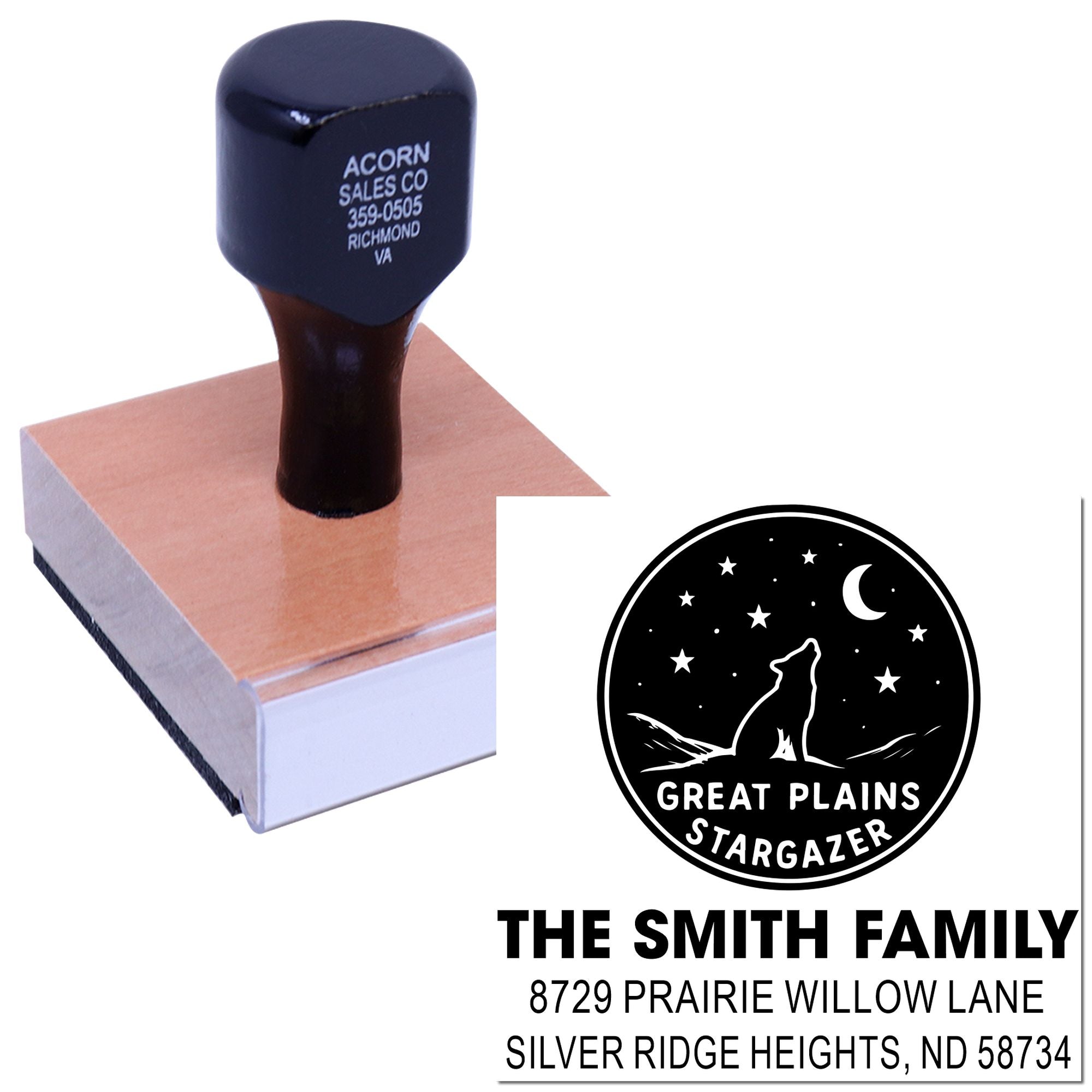 Self-inking custom rubber stamp with Great Plains Stargazer logo and The Smith Family return address imprint.